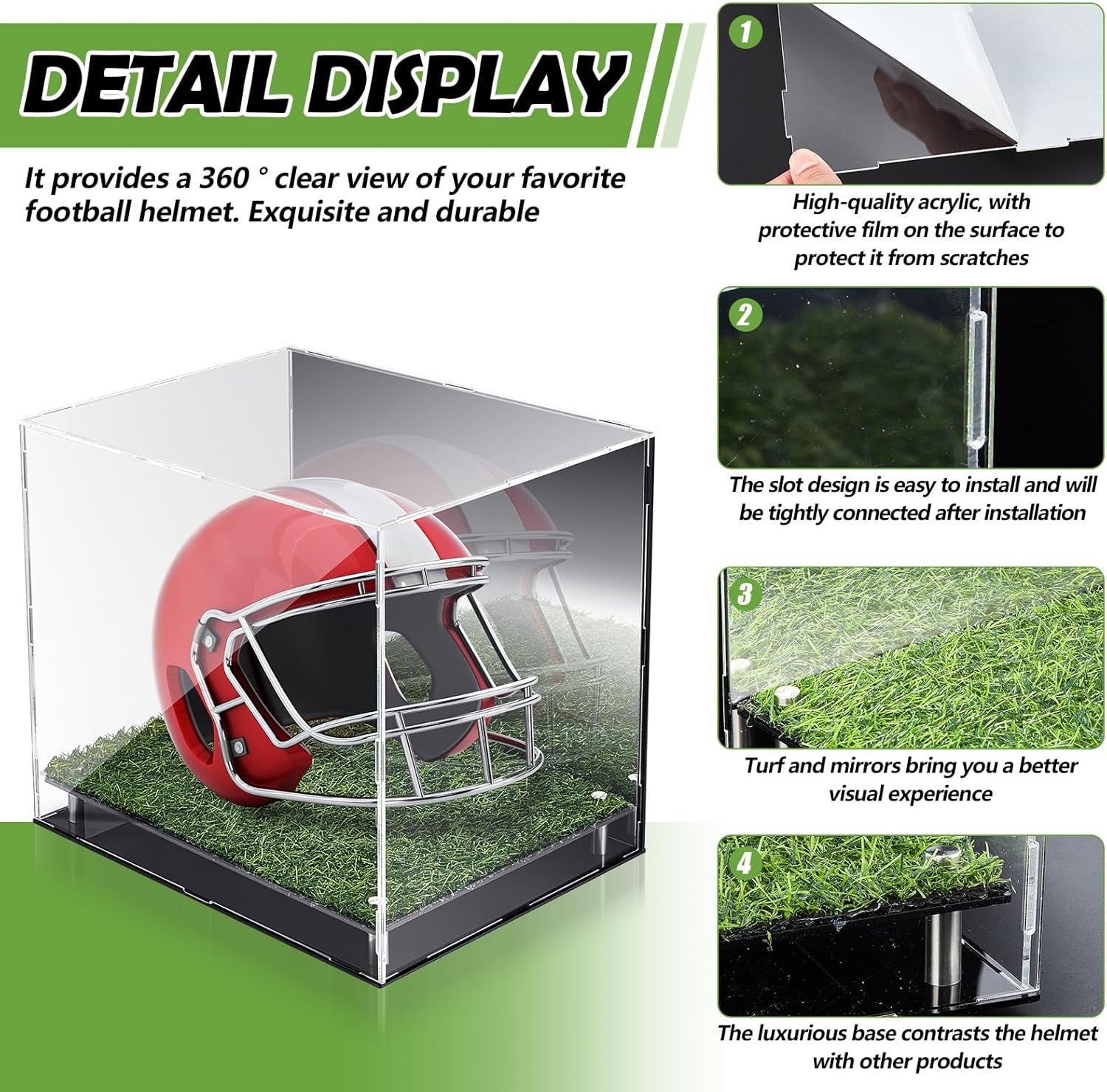 Vitrina de acrílico para casco de fútbol con césped de 14.5 x 11 x 12 pulgadas, tamaño completo, a prueba de polvo, acrílico, vitrina de protección