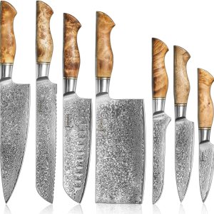 SENKEN – Juego de cuchillos de cocina de Damasco de 7 piezas, colección Dynasty, acero japonés VG10 de 67 capas con asas de madera de sicomoro, SENKEN – Juego de cuchillos de cocina de Damasco de 7 piezas, colección Dynasty, acero japonés VG10 de 67 capas con asas de madera de sicomoro,