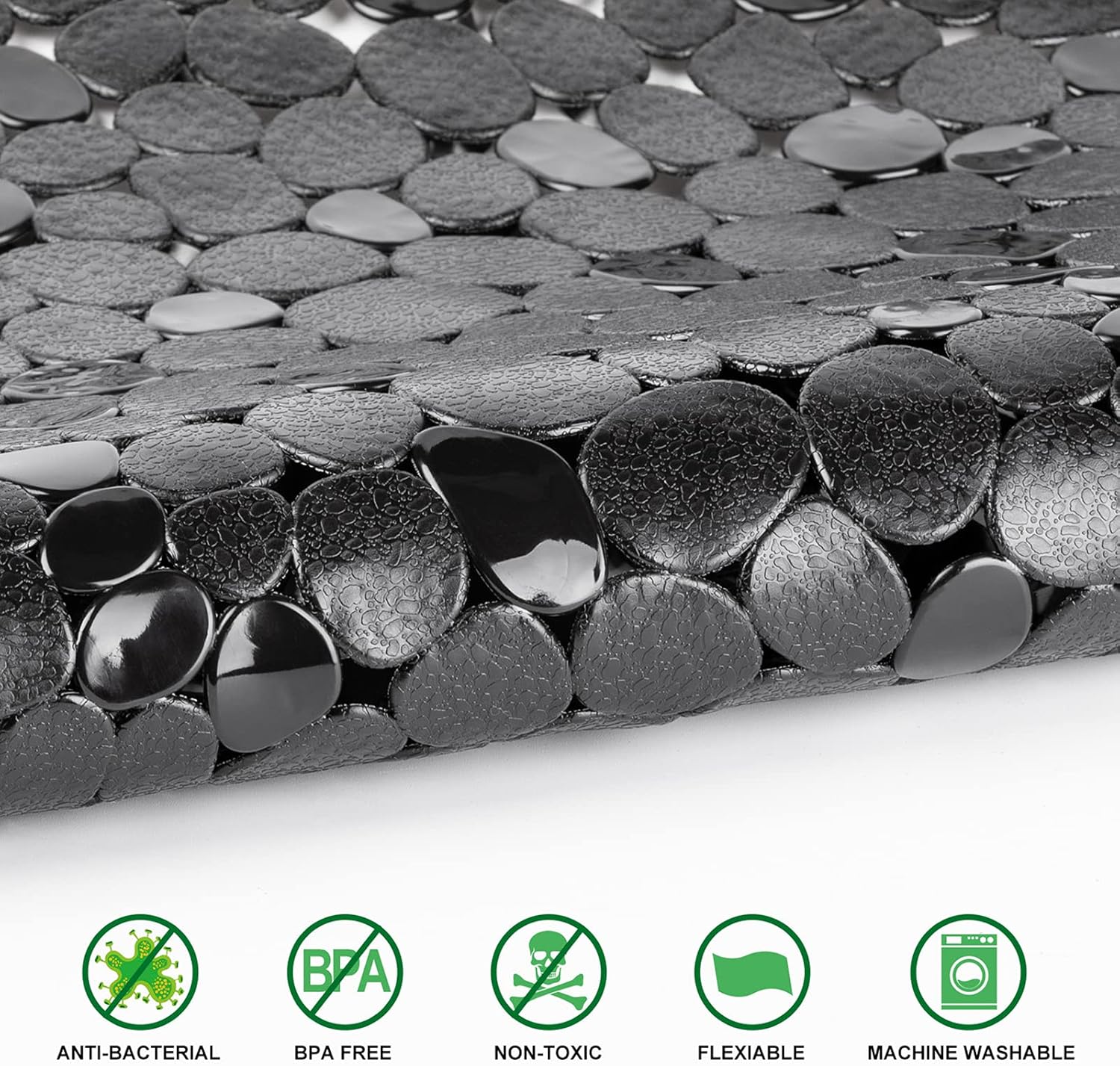 WELTRXE Pebbles – Tapete de baño antideslizante para bañera, color negro, con ventosas, agujeros de drenaje para duchas de baño, bañera, lavable a