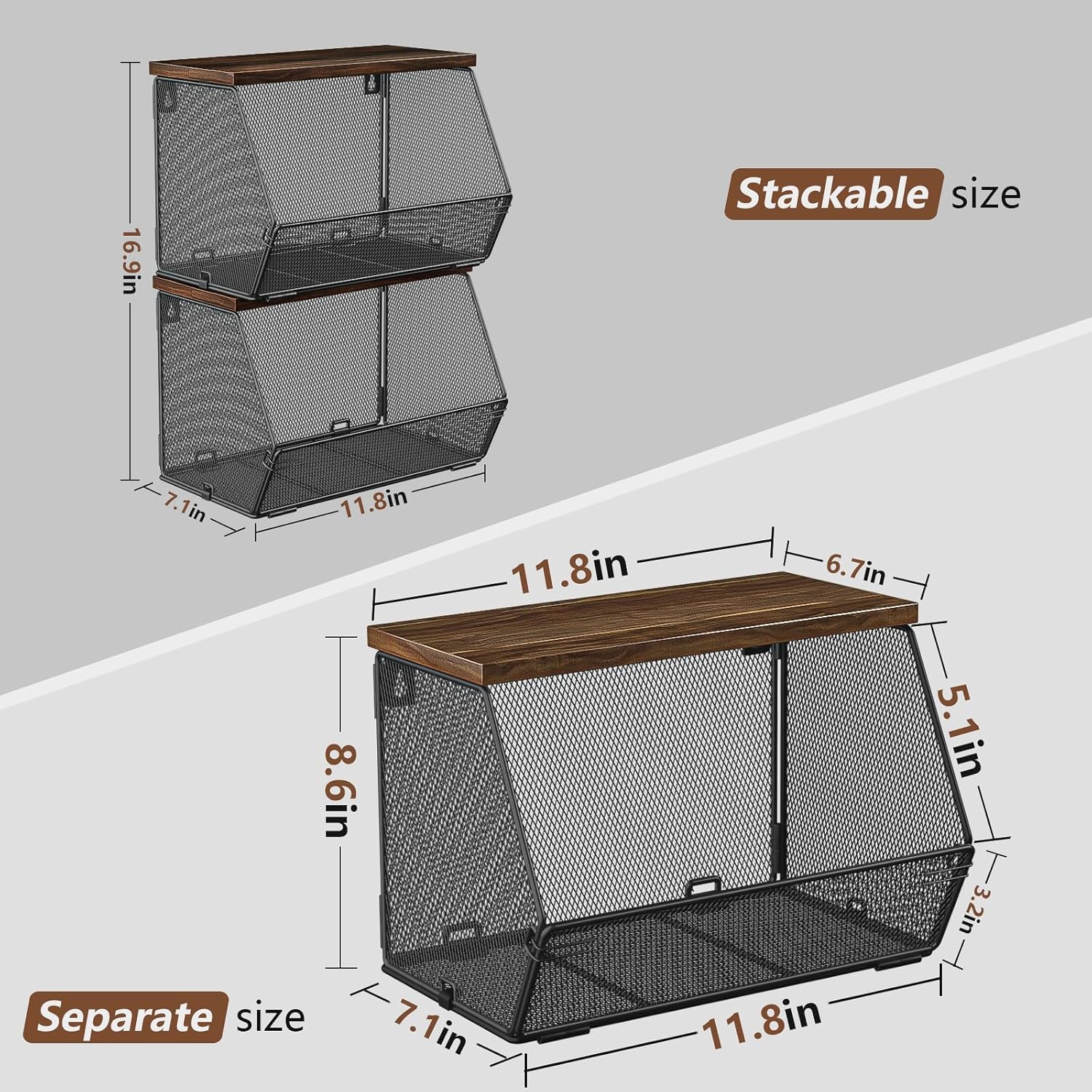 Cesta colgante de frutas con tapa de madera, paquete de 2 organizadores apilables para encimera de cocina, almacenamiento de cebollas y papas, cesta
