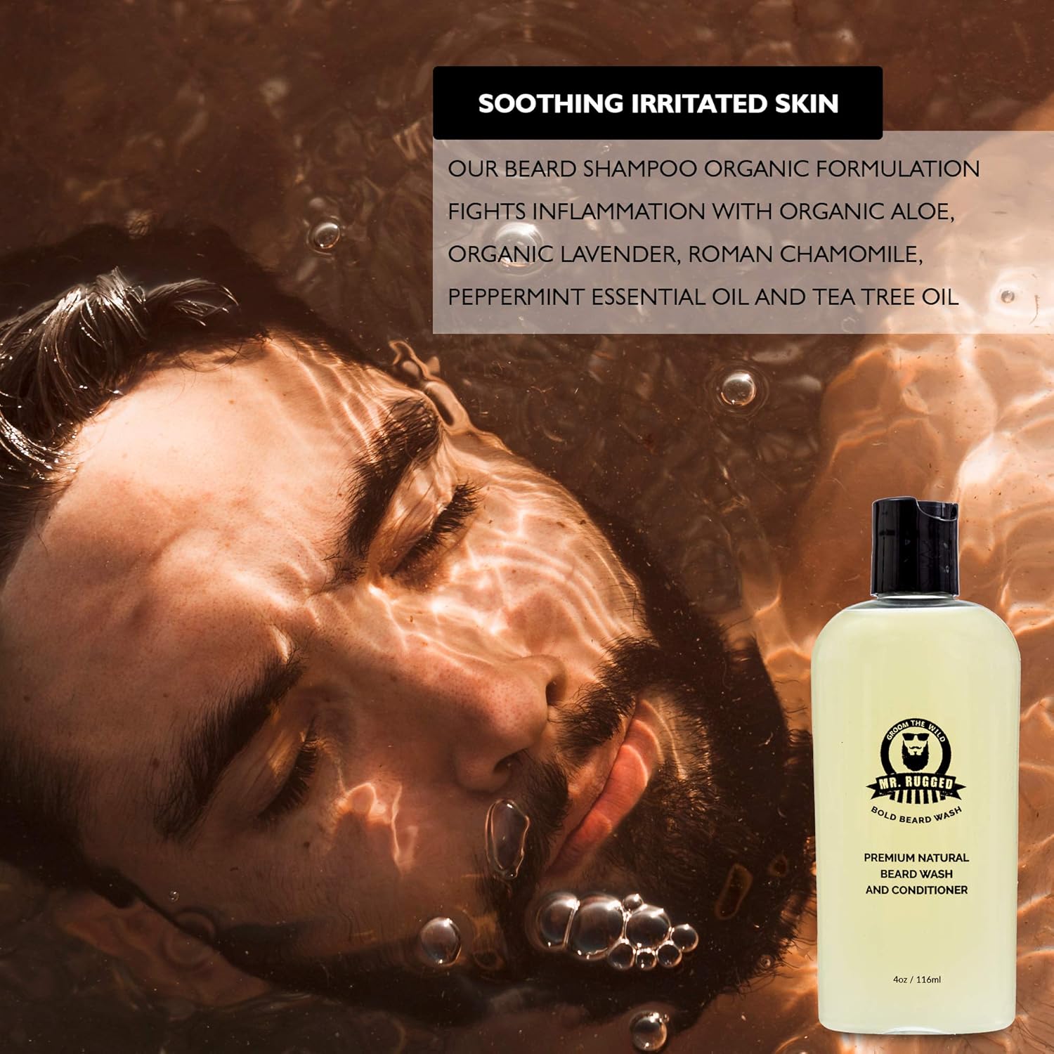 Mr Rugged Jabón y acondicionador de barba para hombres (menta 2 en 1, botella de 4 onzas) champú natural para barba suave – fortalece y mejora el