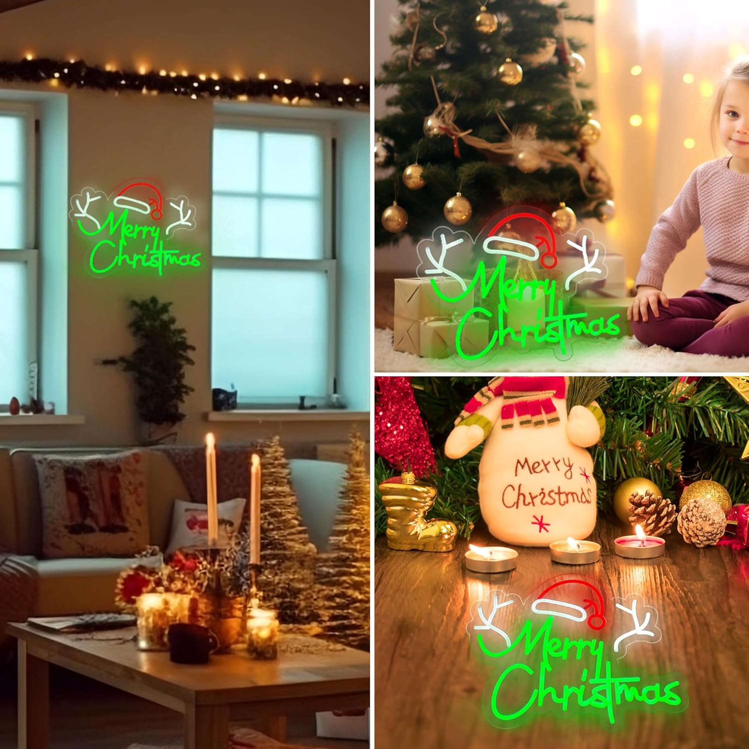 Letrero de neón de Navidad, luces de Navidad verdes, Papá Noel alimentado por USB, árbol de neón de Navidad, ciervomuñeco de nieve, decoración de