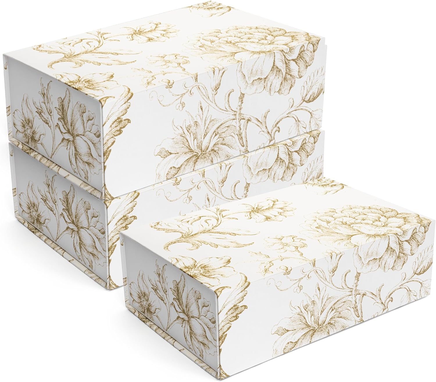 Sorarto Caja de regalo de lujo con tapa magnética, paquete de 3 cajas de regalo decorativas florales doradas para regalos, regalos de boda y
