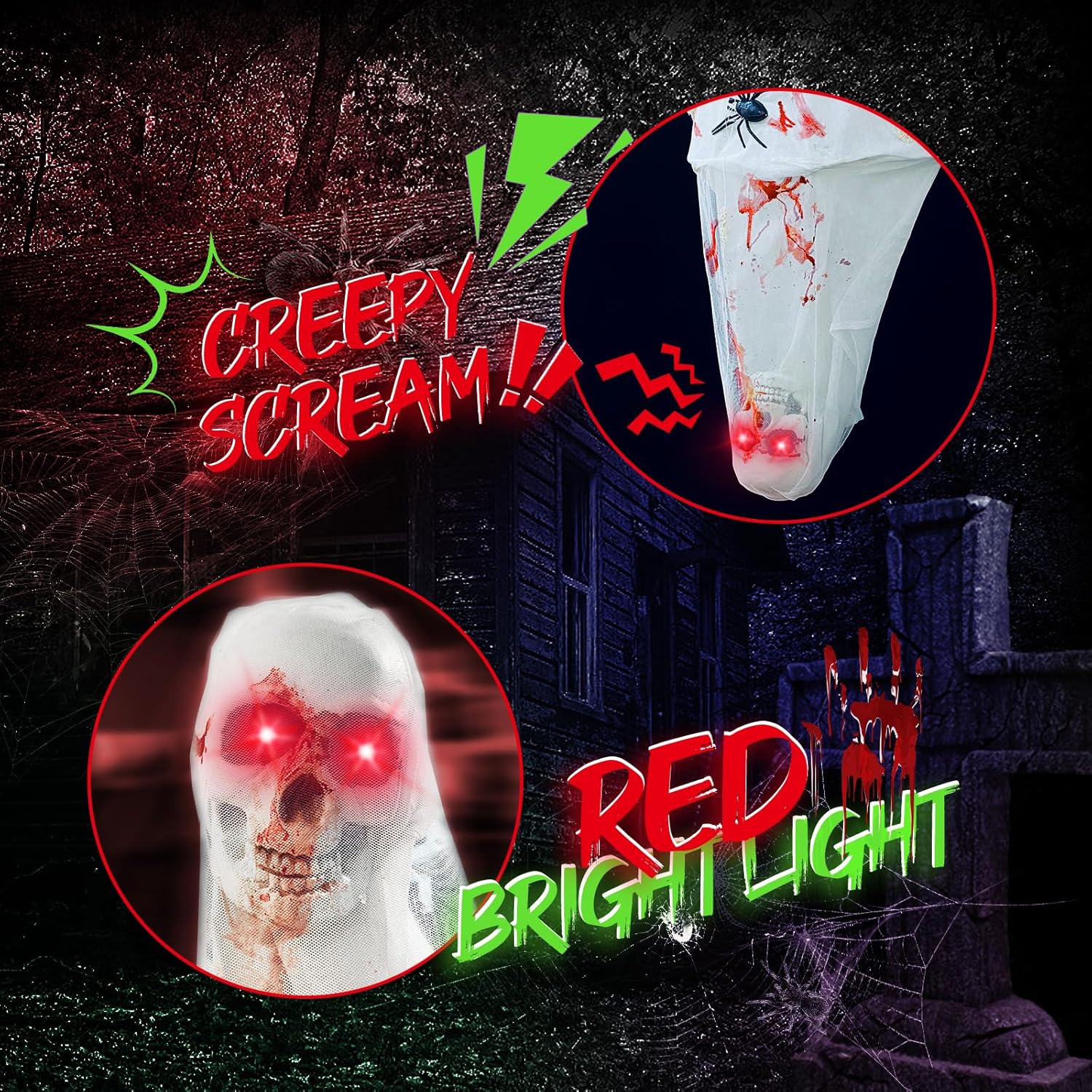 Decoración de Halloween colgante de fantasma de cadáver de capullo, ojo de luz LED roja y cadáver de capullo de sonido espeluznante para decoración