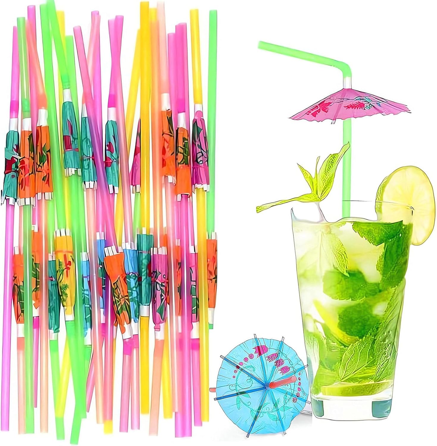 100 popotes para beber paraguas, pajitas de plástico para fiestas, popotes tropicales hawaianos flexibles, flexibles, para cóctel, playa, Luau, bar,