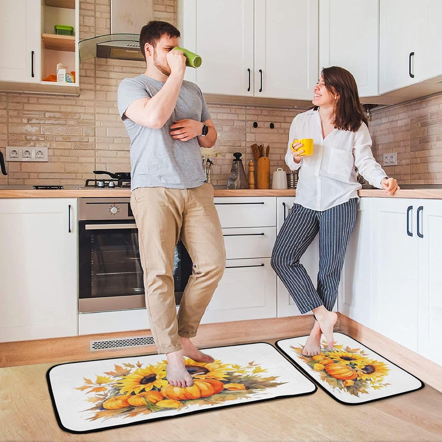 Exnundod Juego de 2 alfombras de cocina de otoño con diseño de girasoles de calabaza, girasoles, alfombra de corredor, lavable, antideslizante,
