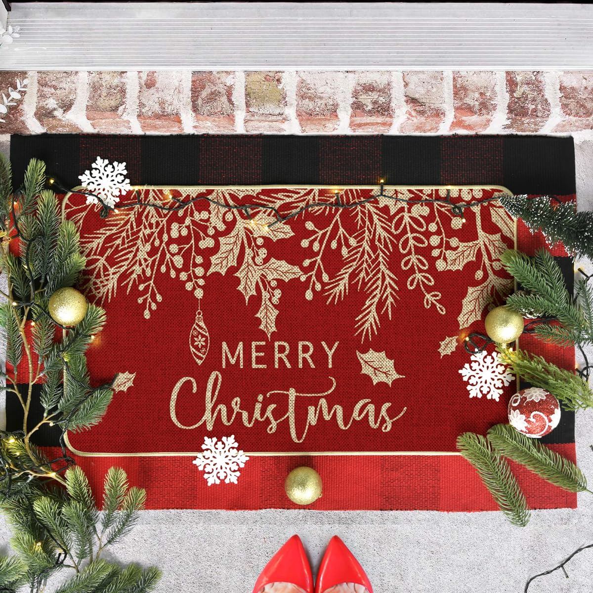 Artoid Mode Red Holly – Tapete de muérdago con texto en inglés “Merry Christmas”, decoración del hogar de invierno de Navidad, tapete de bajo