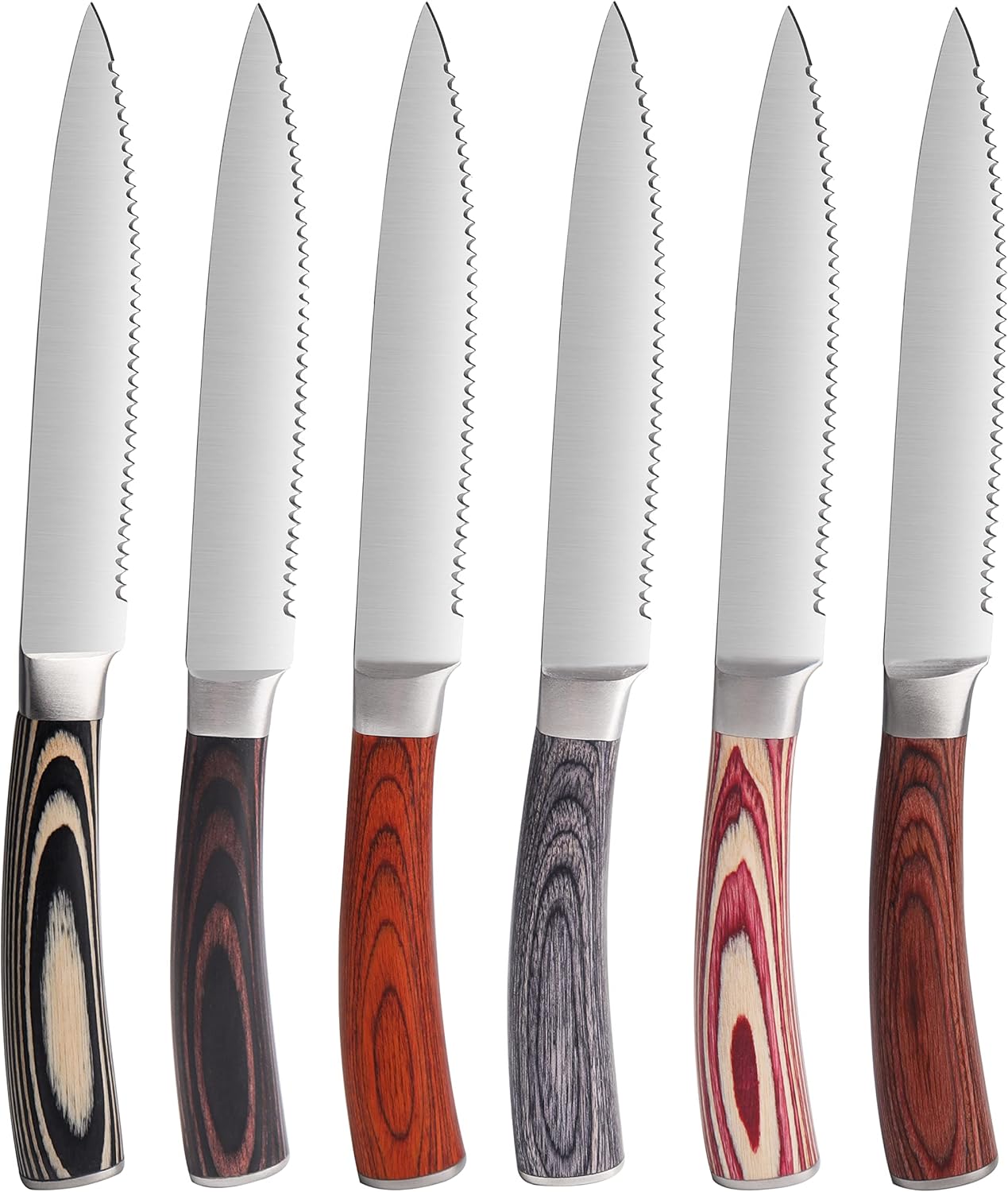 LUVCOSY Pakkawood – Juego de 6 cuchillos de carne dentados de acero inoxidable con mango de madera de Pakka, juego de cuchillos de cena de borde