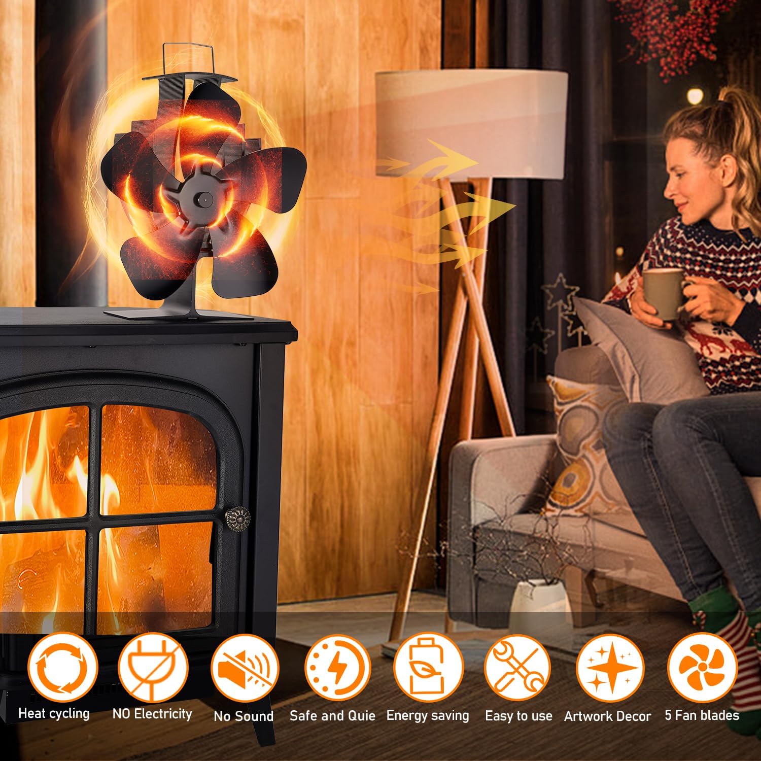 JIMBON Ventilador de estufa de leña, ventilador de chimenea de 5 cuchillas, ventilador de estufa de calor Slient para estufa de gaspelletleña,