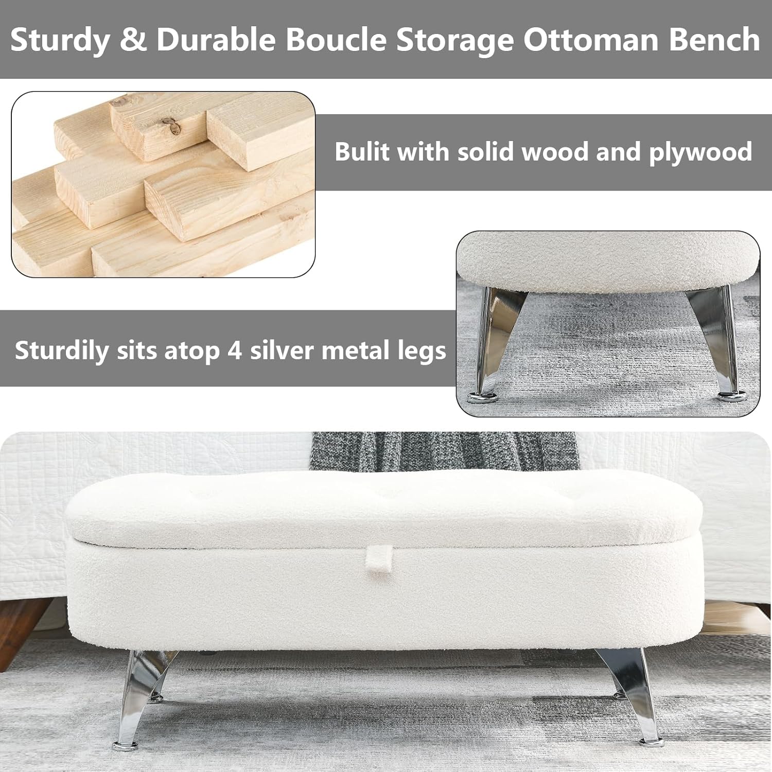 Setawix Banco otomano de almacenamiento Sherpa para dormitorio, extremo de la cama, banco de almacenamiento ovalado de 45.5 pulgadas de largo, banco