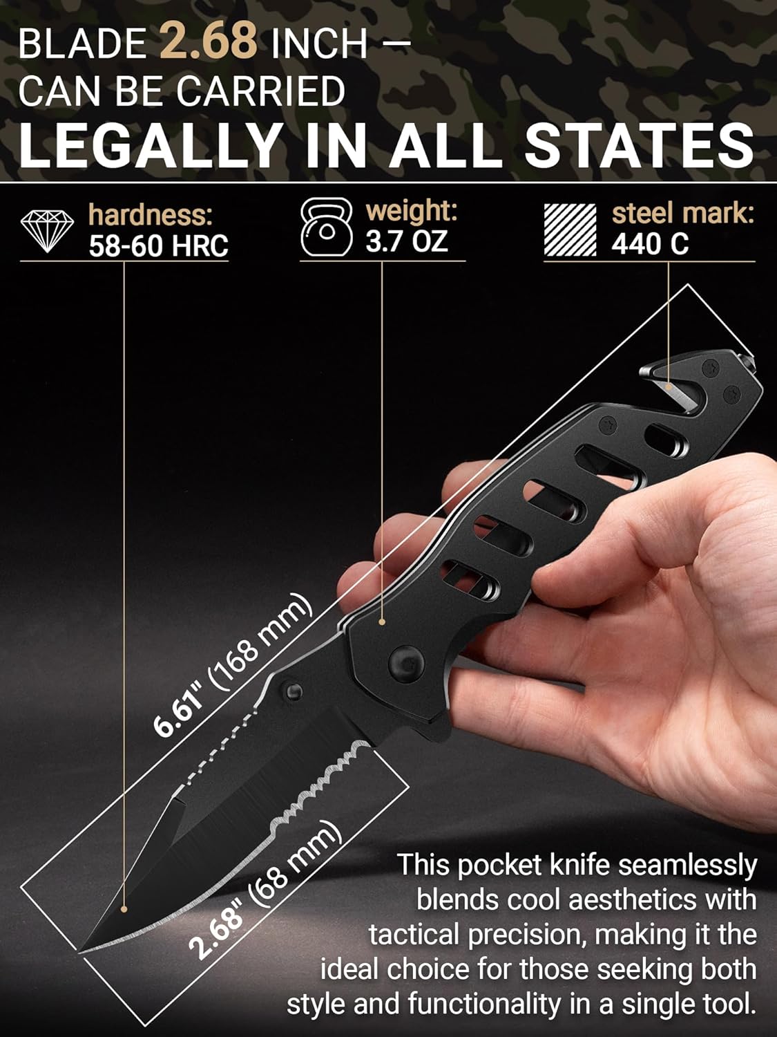 Cuchillo táctico legal para hombres y mujeres, cuchillo de bolsillo pequeño negro de hoja dentada de 2.68 pulgadas con cortador de cinturón de
