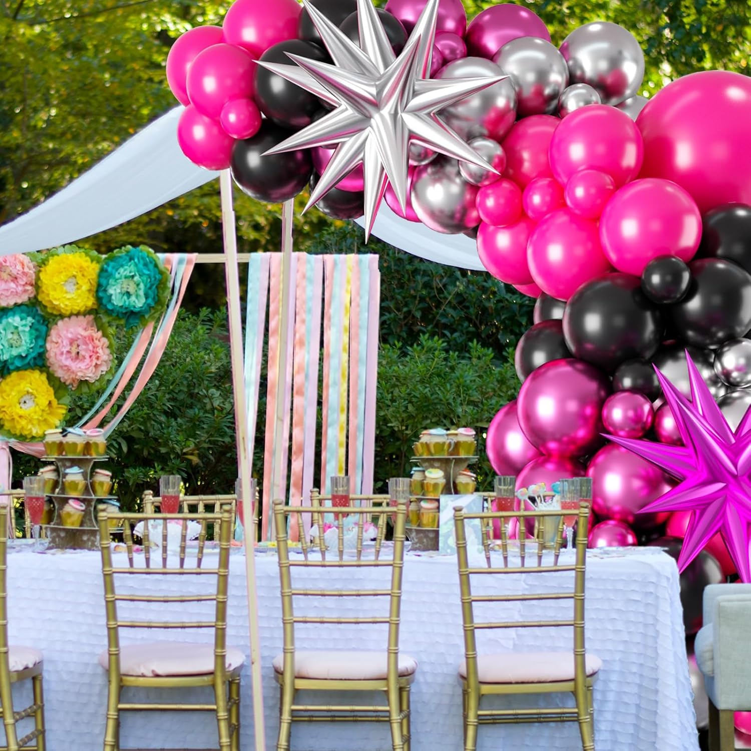 Kit de arco de guirnalda de globos negros y rosados, arco de globos de color rosa intenso y plateado con globos de estrella para niñas, cumpleaños,
