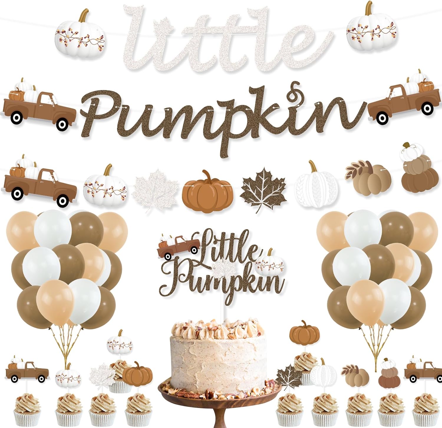 K KUMEED Decoraciones de fiesta de calabaza pequeña, pancarta de calabaza pequeña, hojas de otoño, calabaza, camión, decoración de pastel, globos de