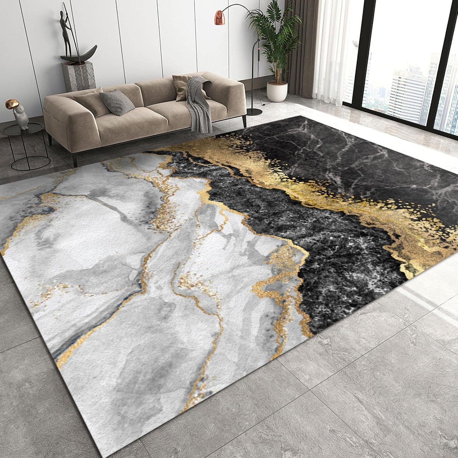 Nordic – Alfombra artística de lujo para sala de estar, alfombra moderna con textura de mármol negro, dorado y blanco, antideslizante, transpirable,