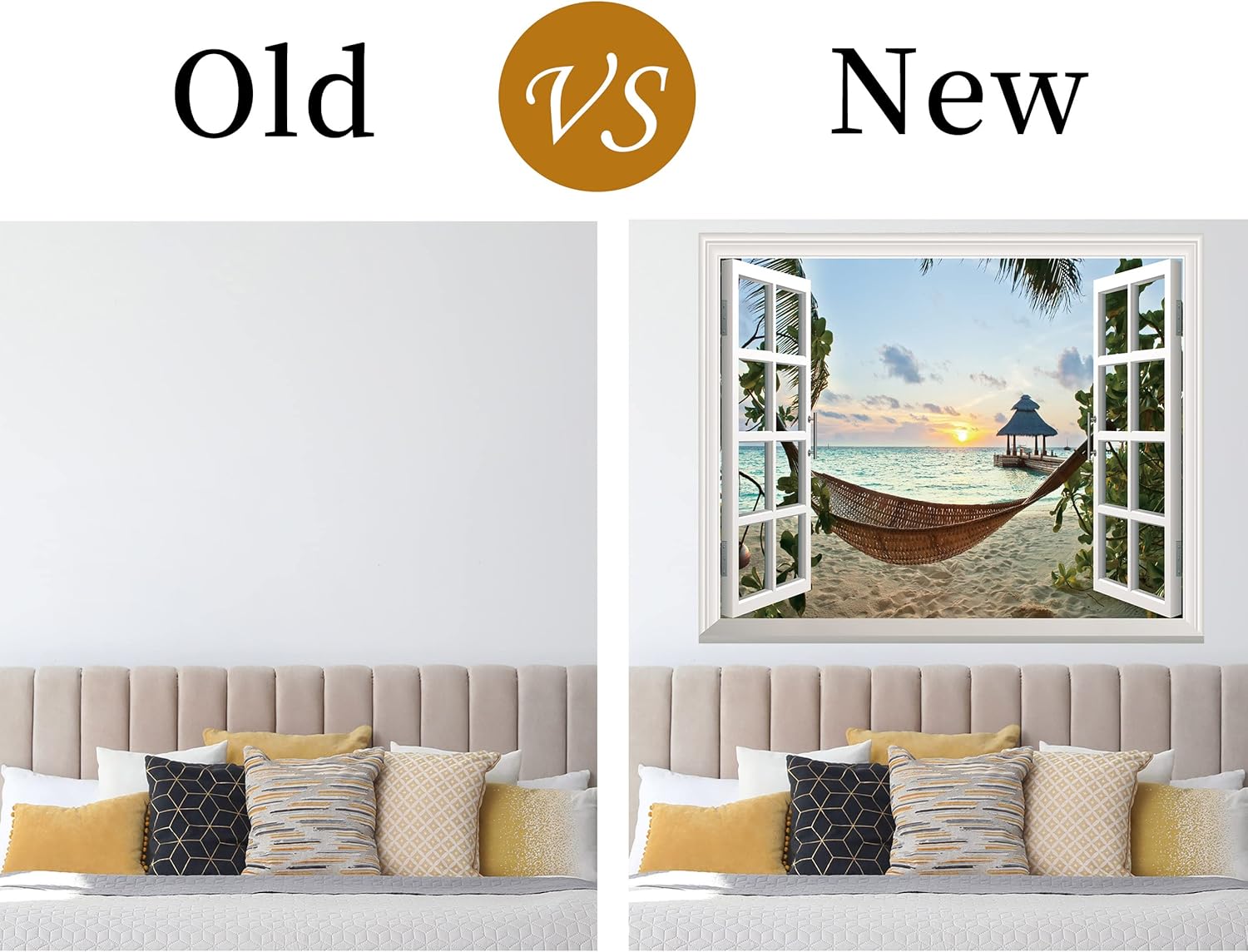 FLFK Adhesivo de pared falso para ventana, mural de pared para ventana de playa y puesta de sol para decoración de pared, calcomanías de pared para