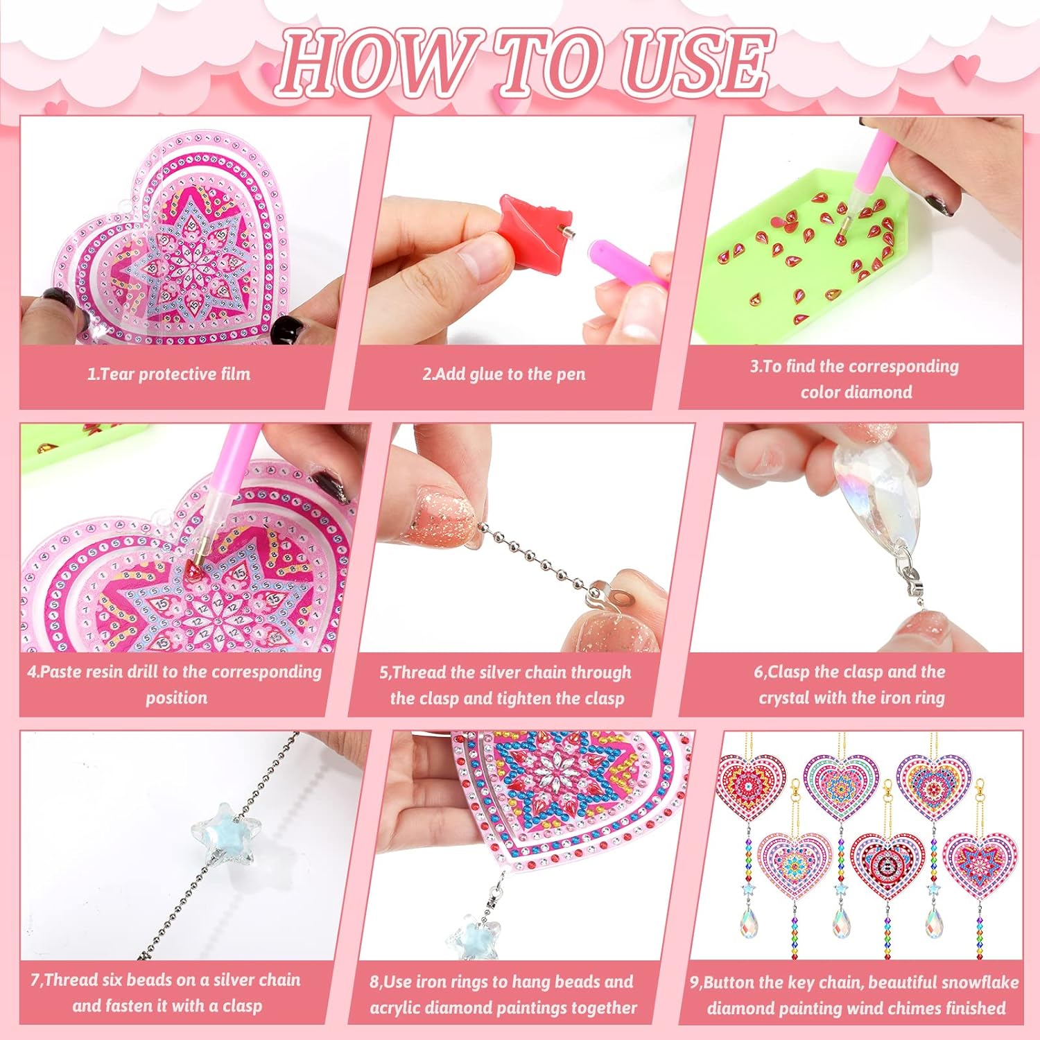 Perthlin 6 piezas de arte de diamantes para el día de San Valentín, arte de diamantes de doble cara, atrapasoles, campanillas de viento, adornos de