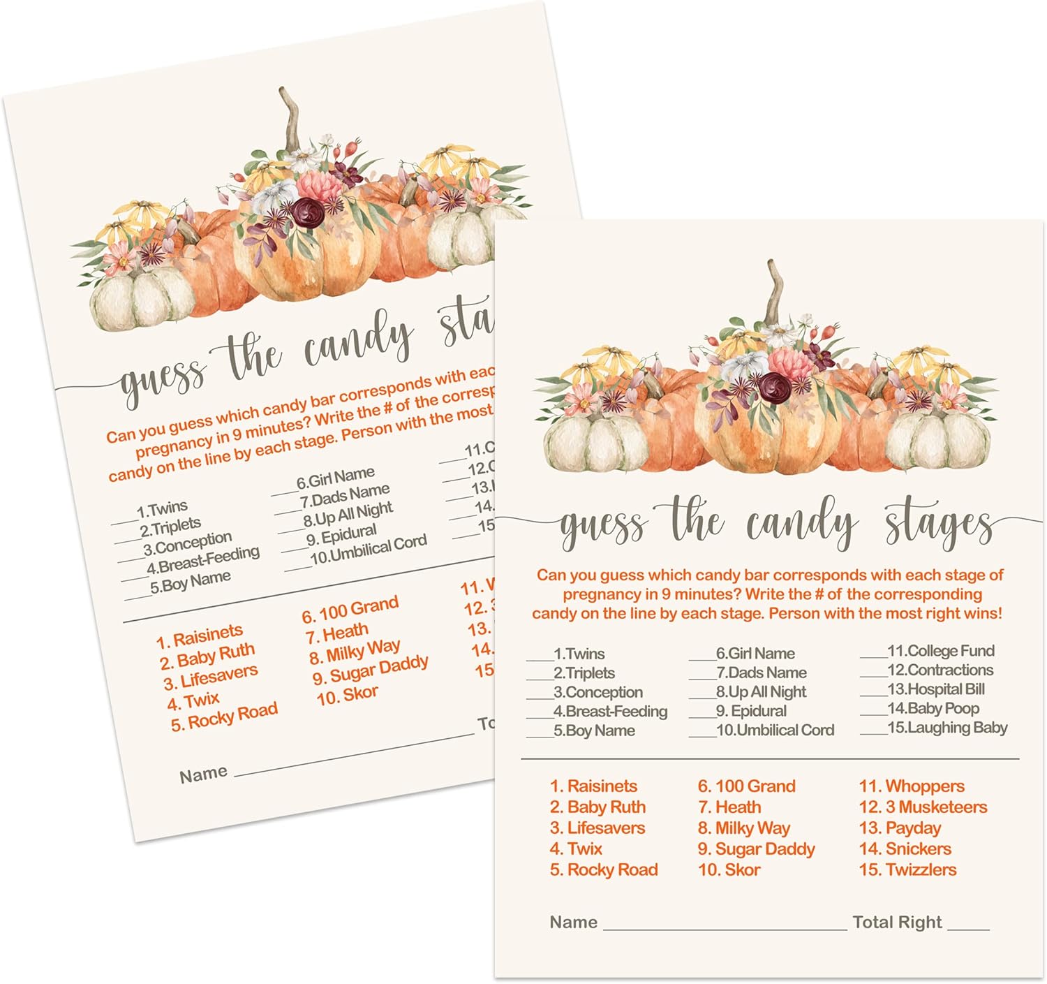 Paper Clever Party Juego de calabaza Baby Shower Game Match The Candies tarjetas de actividad, floral y calabaza, juego de 4 x 6, paquete de 25