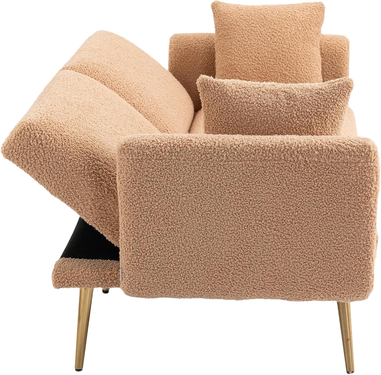 Kakotito Sofá biplaza de terciopelo moderno de mediados de siglo, sofá pequeño con 7 patas de metal dorado (Camel Teddy)
