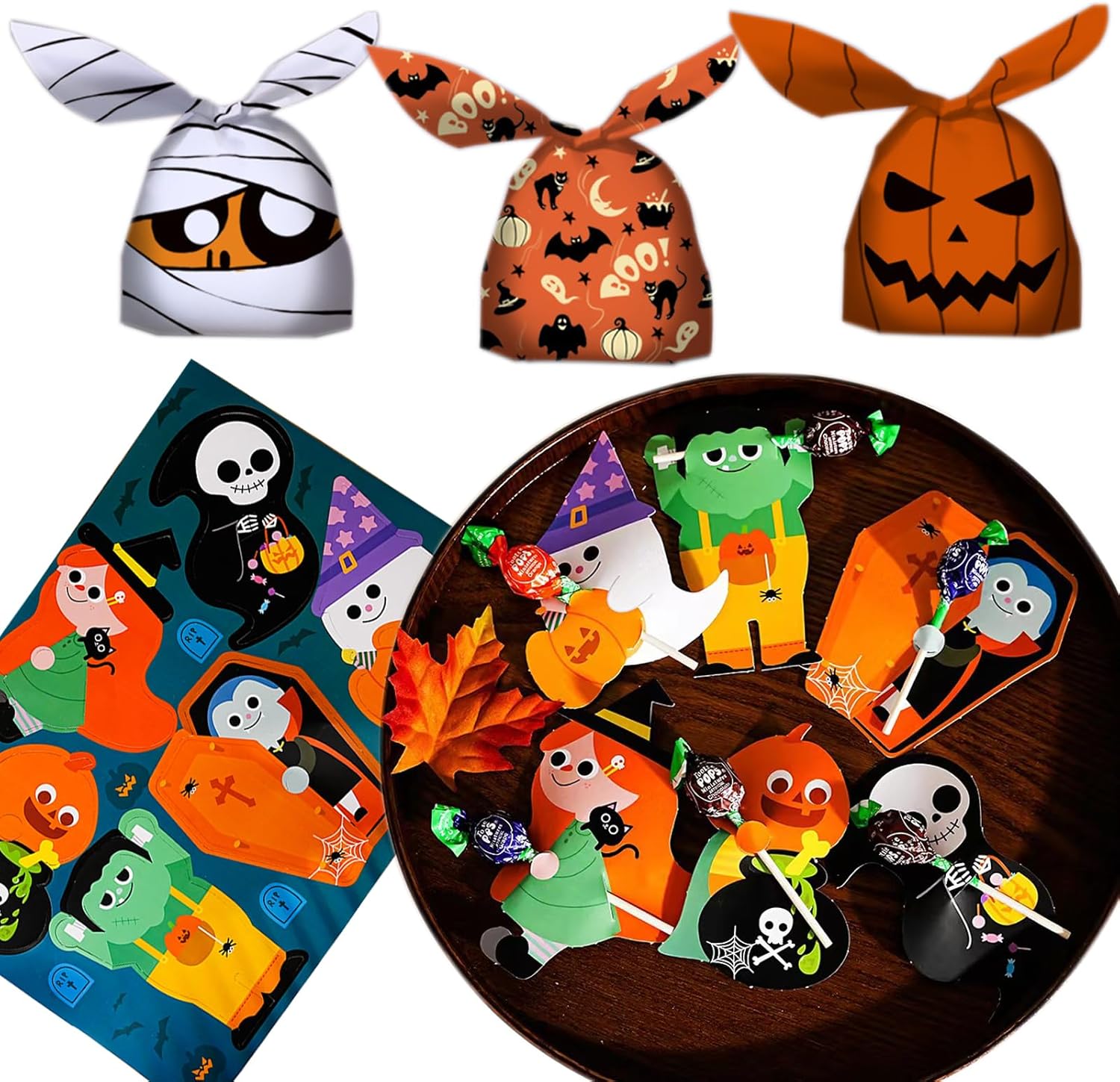 Juego de decoración de dulces de Halloween, 60 bolsas de truco o trato en 3 estilos, 10 tarjetas de papel con bonitas piruletas de estilo de dibujos