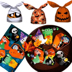 Juego de decoración de dulces de Halloween, 60 bolsas de truco o trato en 3 estilos, 10 tarjetas de papel con bonitas piruletas de estilo de dibujos Juego de decoración de dulces de Halloween, 60 bolsas de truco o trato en 3 estilos, 10 tarjetas de papel con bonitas piruletas de estilo de dibujos