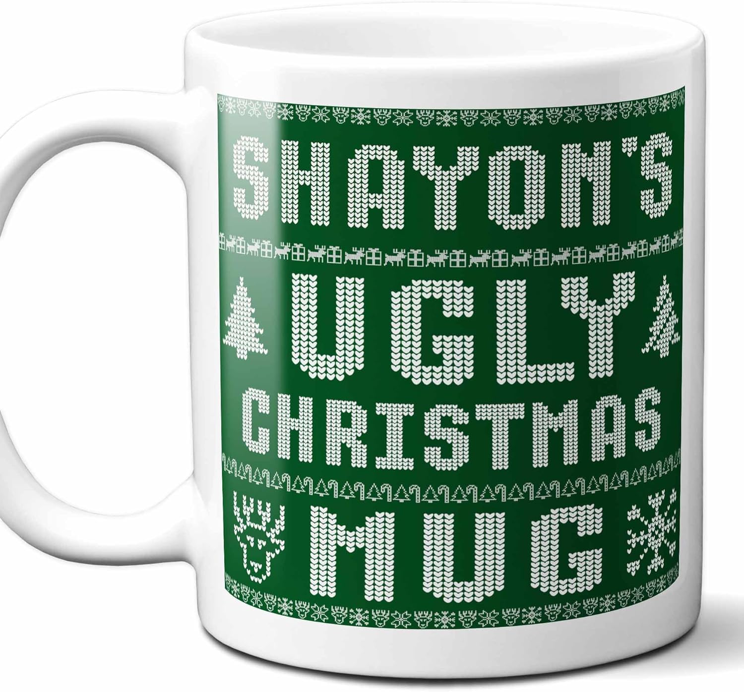 Shayon Name Christmas Gift. Personalized Ugly Christmas Sweater Coffee Mug. Funny Custom Xmas Gift, Stocking Stuffer For Friends, Coworkers And