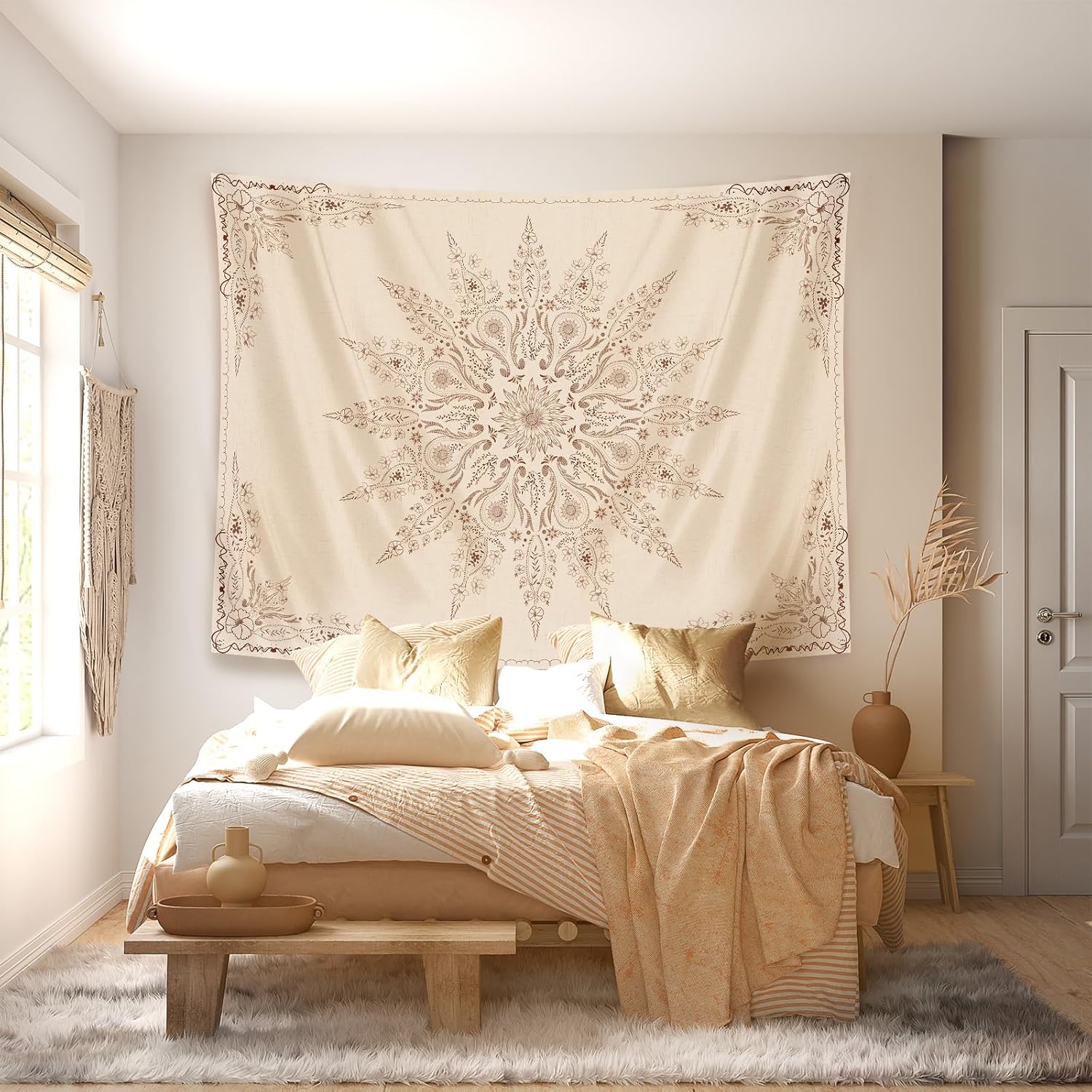 Damanse Tapiz bohemio floral, tapiz estético de flores, tapiz bohemio indio para colgar en la pared, decoración de habitación de mandala pequeña,
