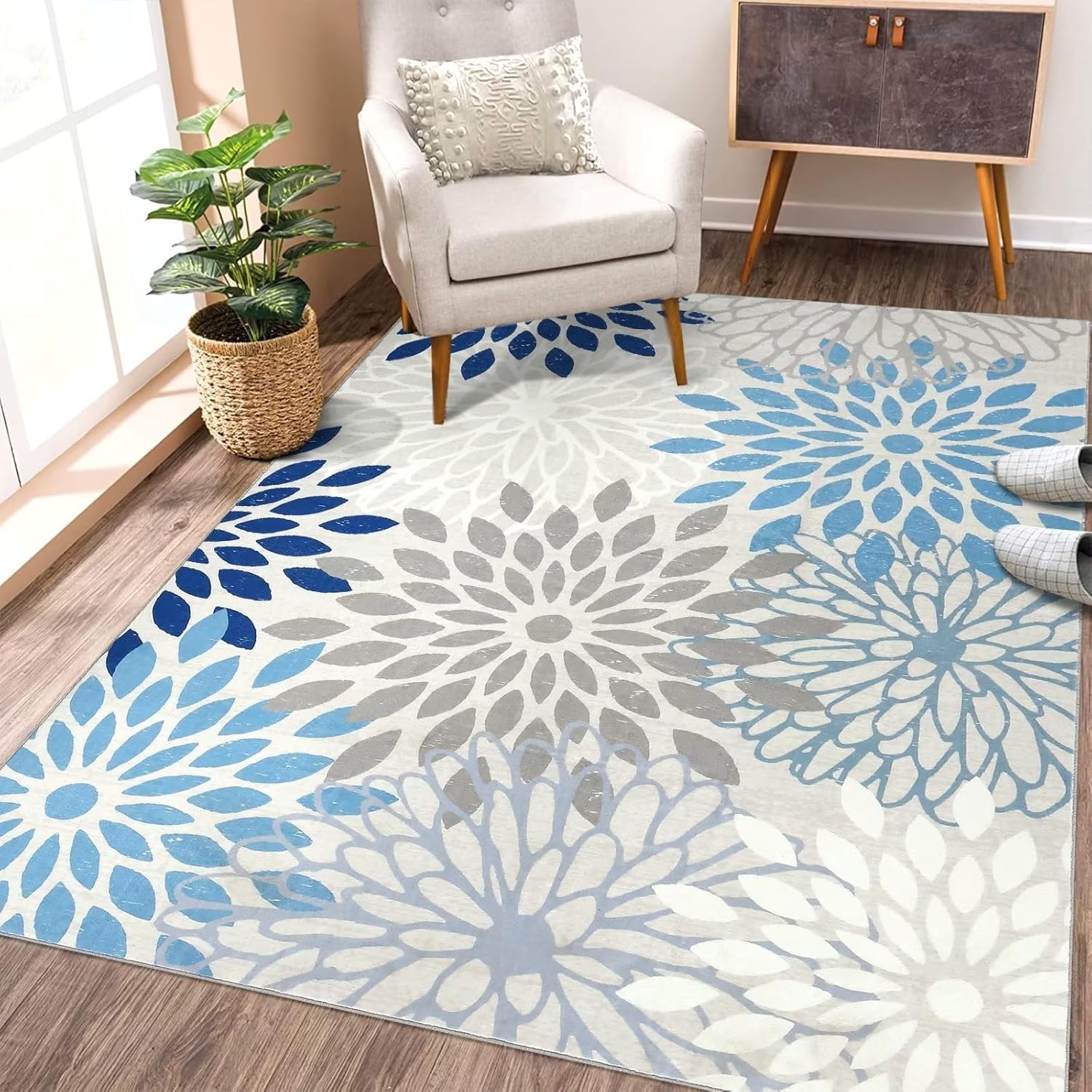 COZYLOOM Alfombra moderna de 8 x 10 pies para sala de estar y dormitorio, alfombra bohemia con estampado floral, lavable, para interiores, suave,
