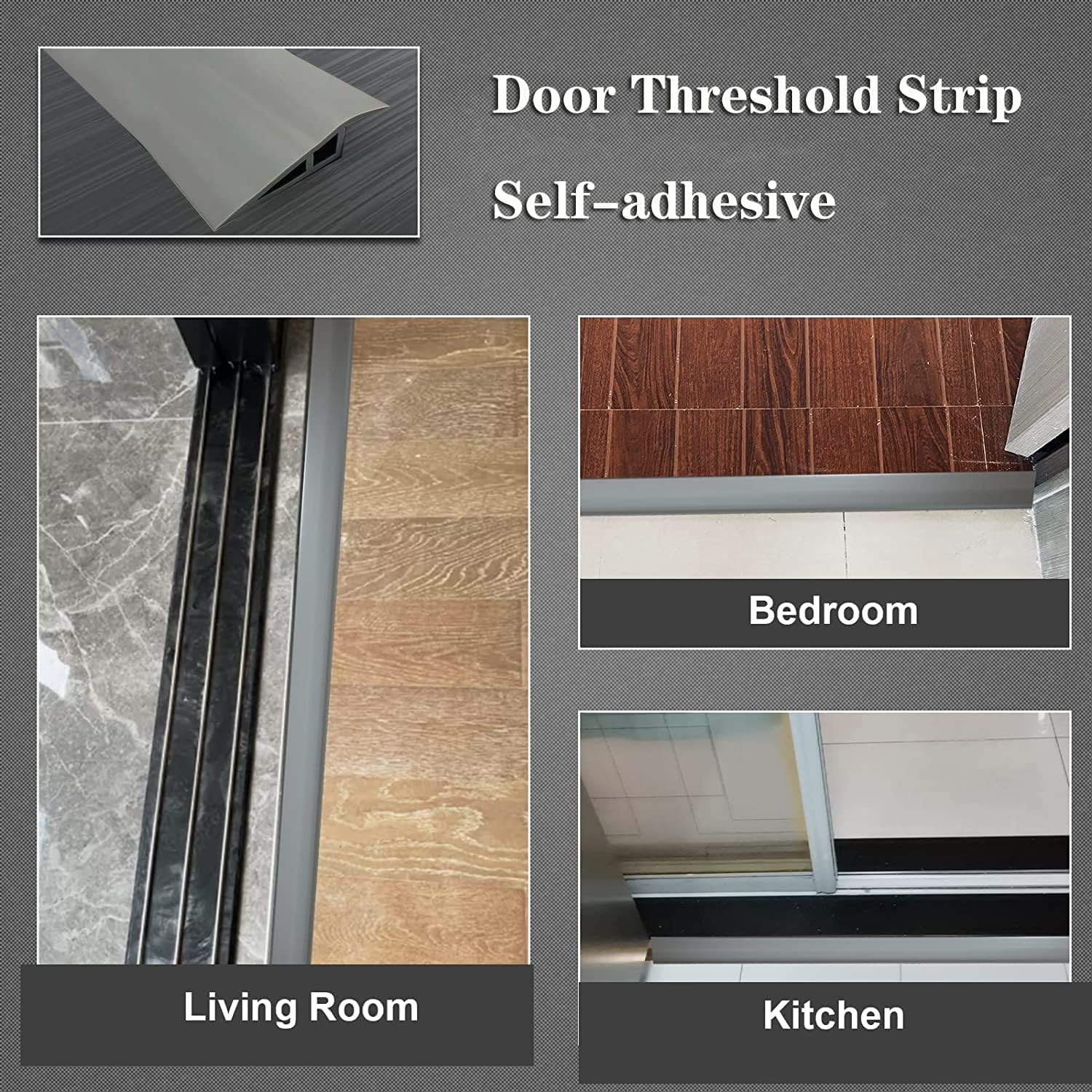 Tira de umbral de transición de vinilo autoadhesiva, reductor de pisoalfombra a azulejo, borde de puerta para azulejos laminados (gris, 36 pulgadas)
