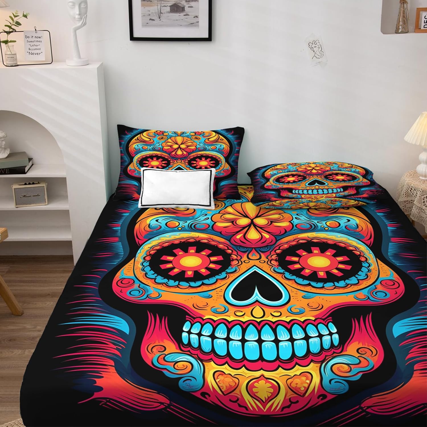 Day of The Dead – Juego de sábanas de 4 piezas, tamaño King, diseño de calavera de azúcar, sábanas y fundas de almohada, 4 piezas, sábana bajera