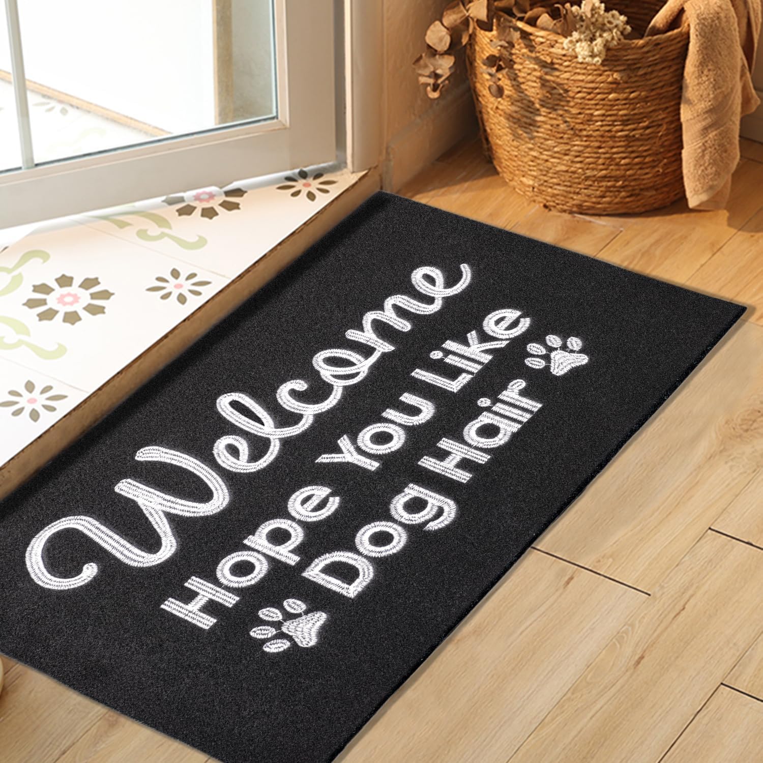 Tapete negro para puerta delantera, tapete de pelo de perro, tapete estándar de bienvenida para puerta delantera, tapete divertido para puerta,