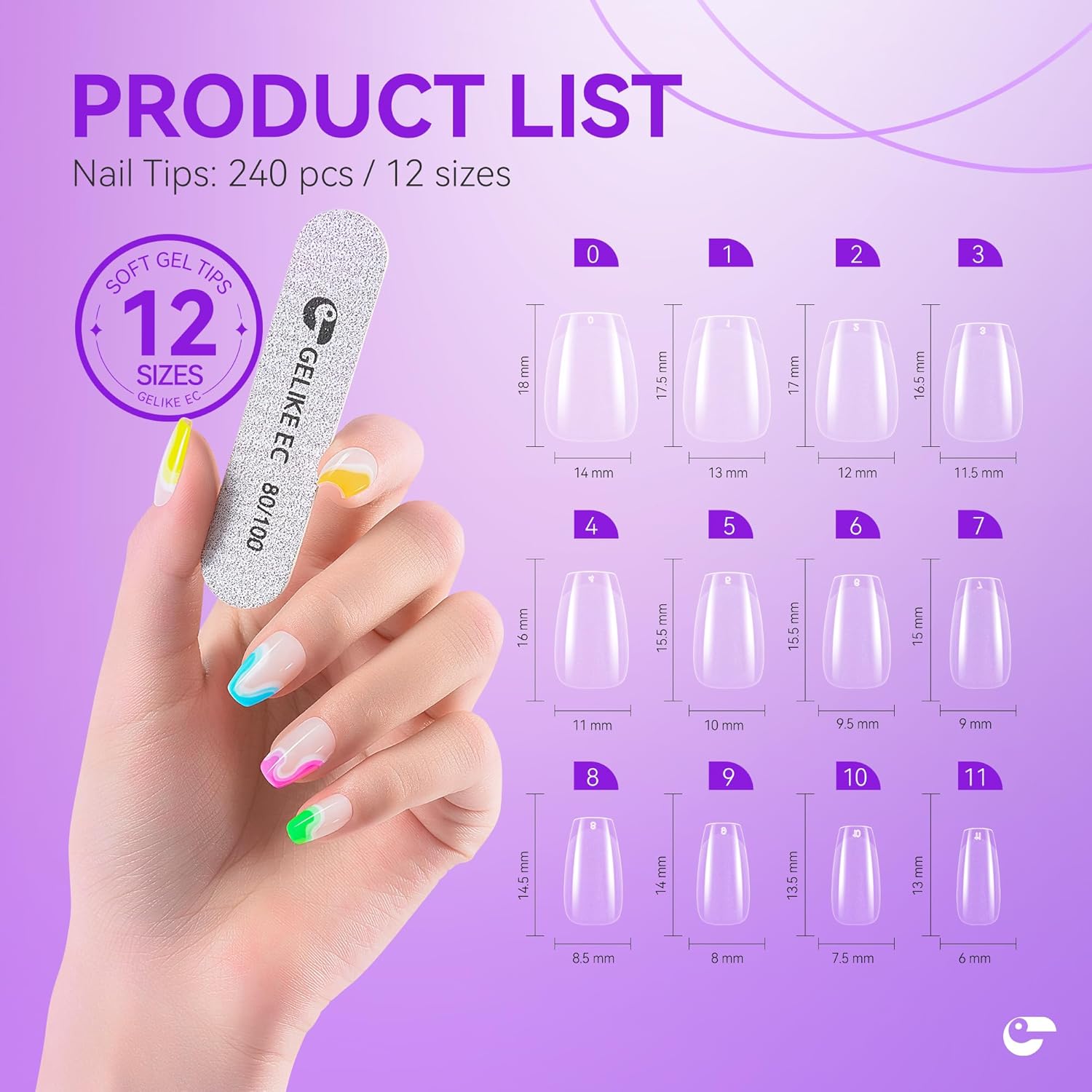 Gelike EC Kit de puntas de uñas de gel suave extra cortas, para extensiones de uñas de remojo, cubierta completa, forma de ataúd extra corto, resina