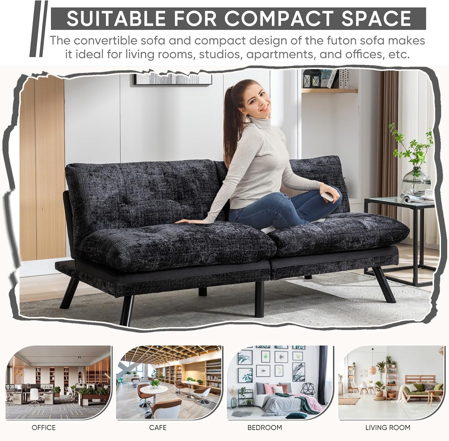 Sofá cama futón, sofá cama convertible de espuma viscoelástica, sofá biplaza pequeño con respaldo dividido para sala de estar, moderno asiento de