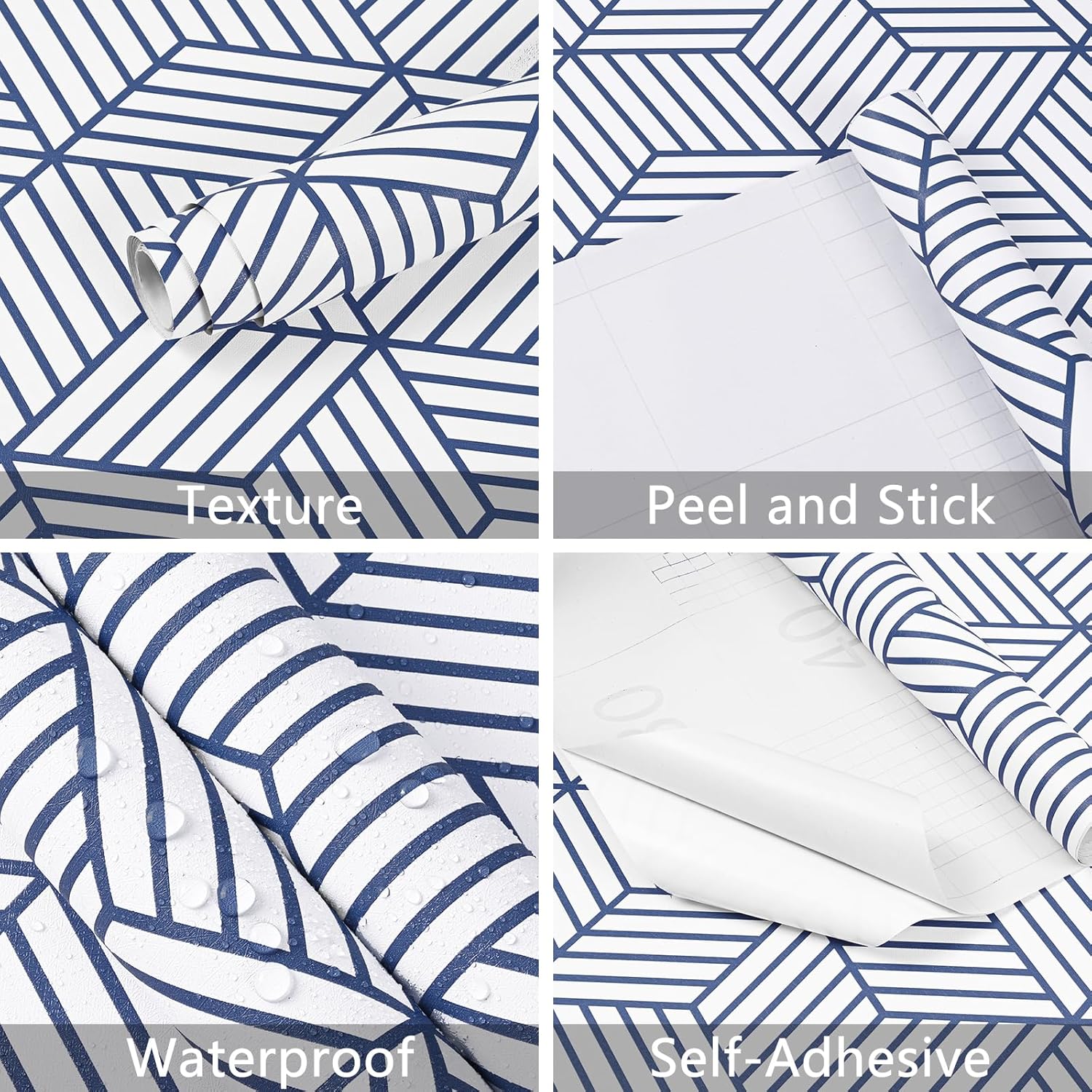 WENMER Papel tapiz hexagonal geométrico de 17.71 pulgadas x 236 pulgadas, papel tapiz adhesivo azul y blanco, papel de contacto autoadhesivo