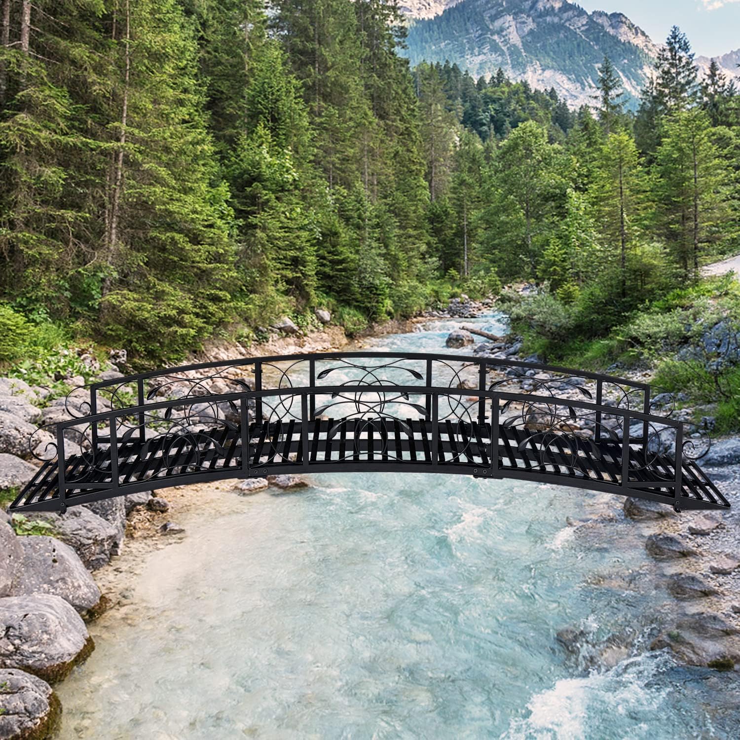 KINTNESS Puente de jardín de 8 pies, puente de metal para camino con barras laterales de seguridad, delicado desplazamiento para patio trasero