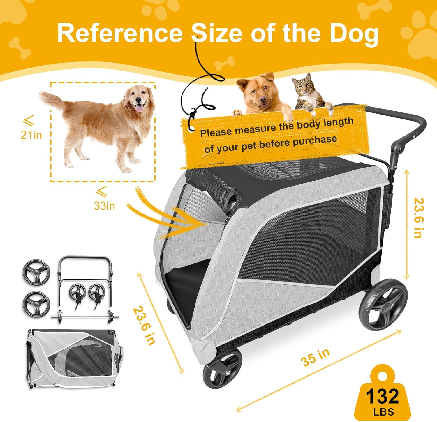 Cochecito de perro extragrande para perros grandes, cochecito para mascotas para perros medianos de 3040-50 libras, carritos para perros con 4