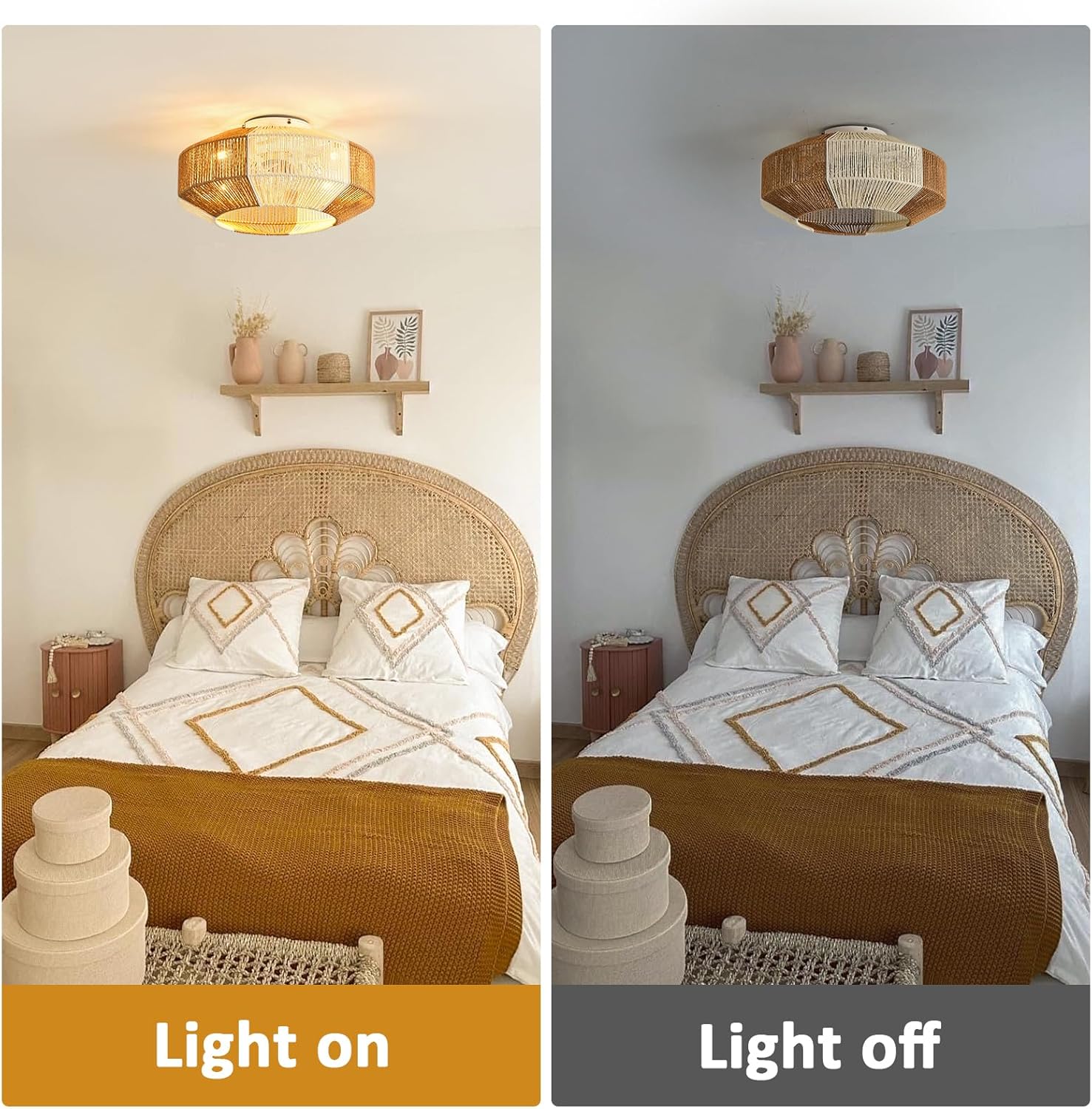 ainqiant Ventiladores de techo boho de montaje empotrado de 20 pulgadas con luces, ventilador de techo enjaulado de ratán con luz y control remoto,