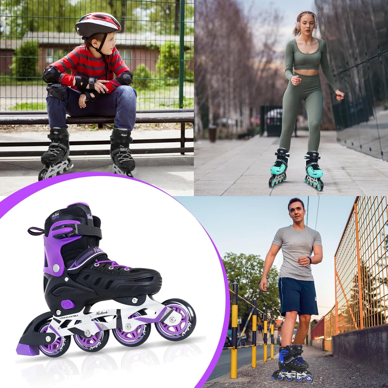 Nattork Patines en línea para niños y niñas, hombres y mujeres, 4 tamaños ajustables, patines de ruedas para principiantes para niños y adultos
