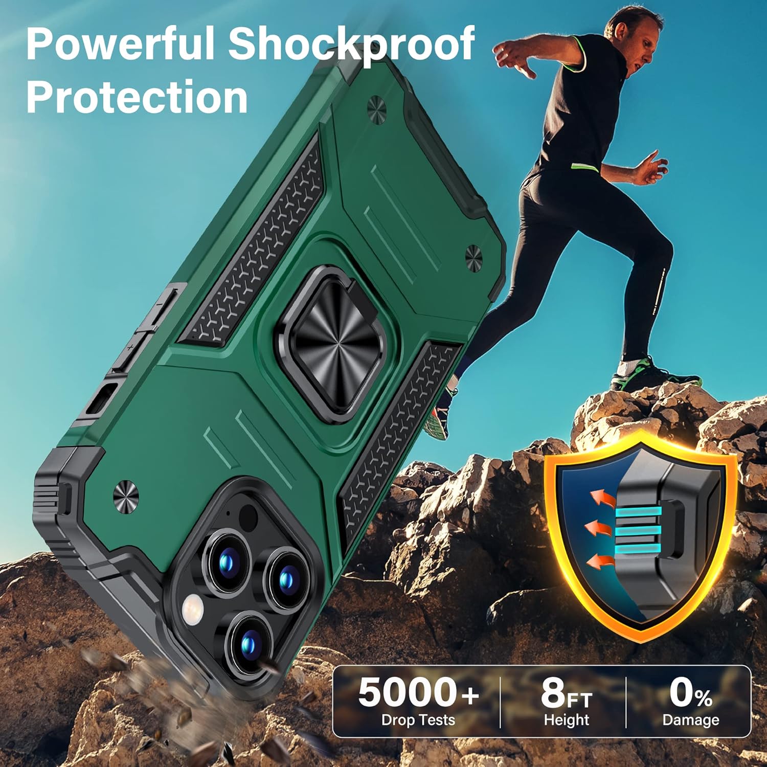 Vakoo Funda para iPhone 14 Pro de 6.1 pulgadas, resistente y duradera, bordes elevados que protegen la pantalla y la cámara, verde oscuro