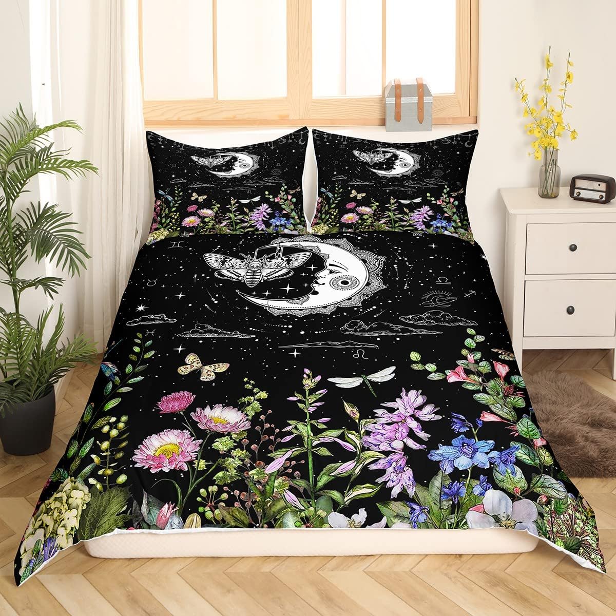 Erosebridal Juego de ropa de cama bohemio con diseño de polilla de sol y luna, color negro y blanco, funda de edredón gótica de calavera de azúcar y