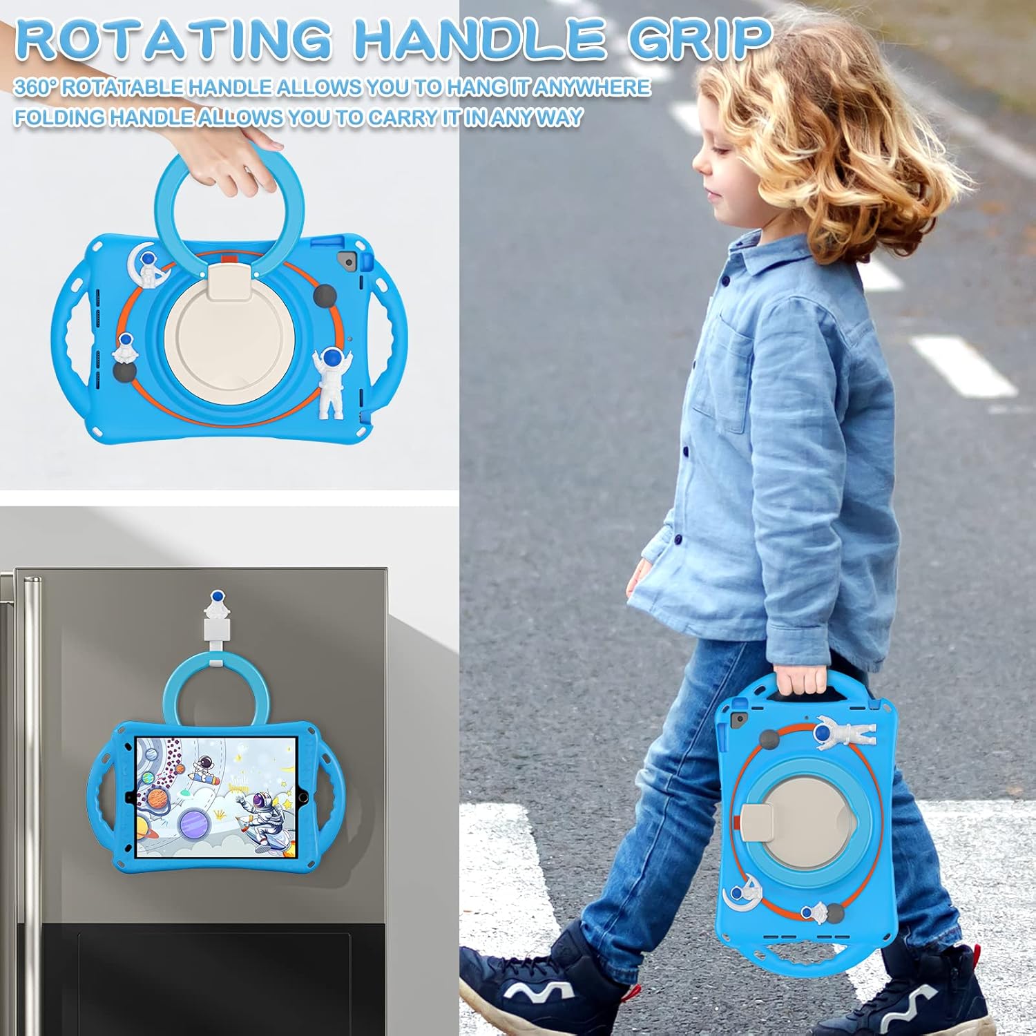 BATYUE Funda infantil para iPad de 9, 8, 7 generación de 10.2 pulgadas 2021 2020 2019, con soporte giratorio, soporte para lápices, correa de