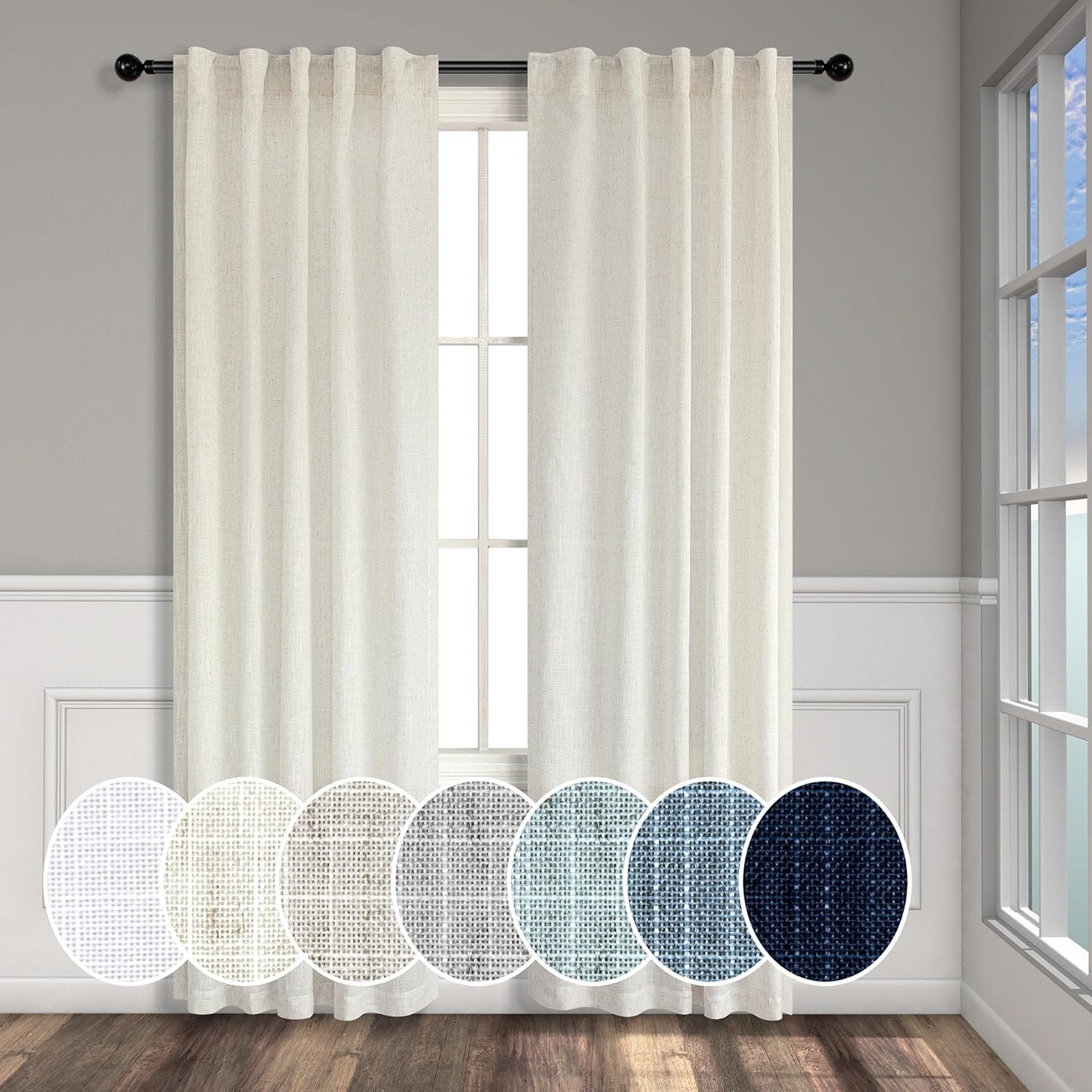 Pitalk- 2 paneles de cortinas de lino natural, 38 pulg An x 90 pulg L, bolsillo pcortinero, pestañas traseras, semitraslúcidas, ligeras,