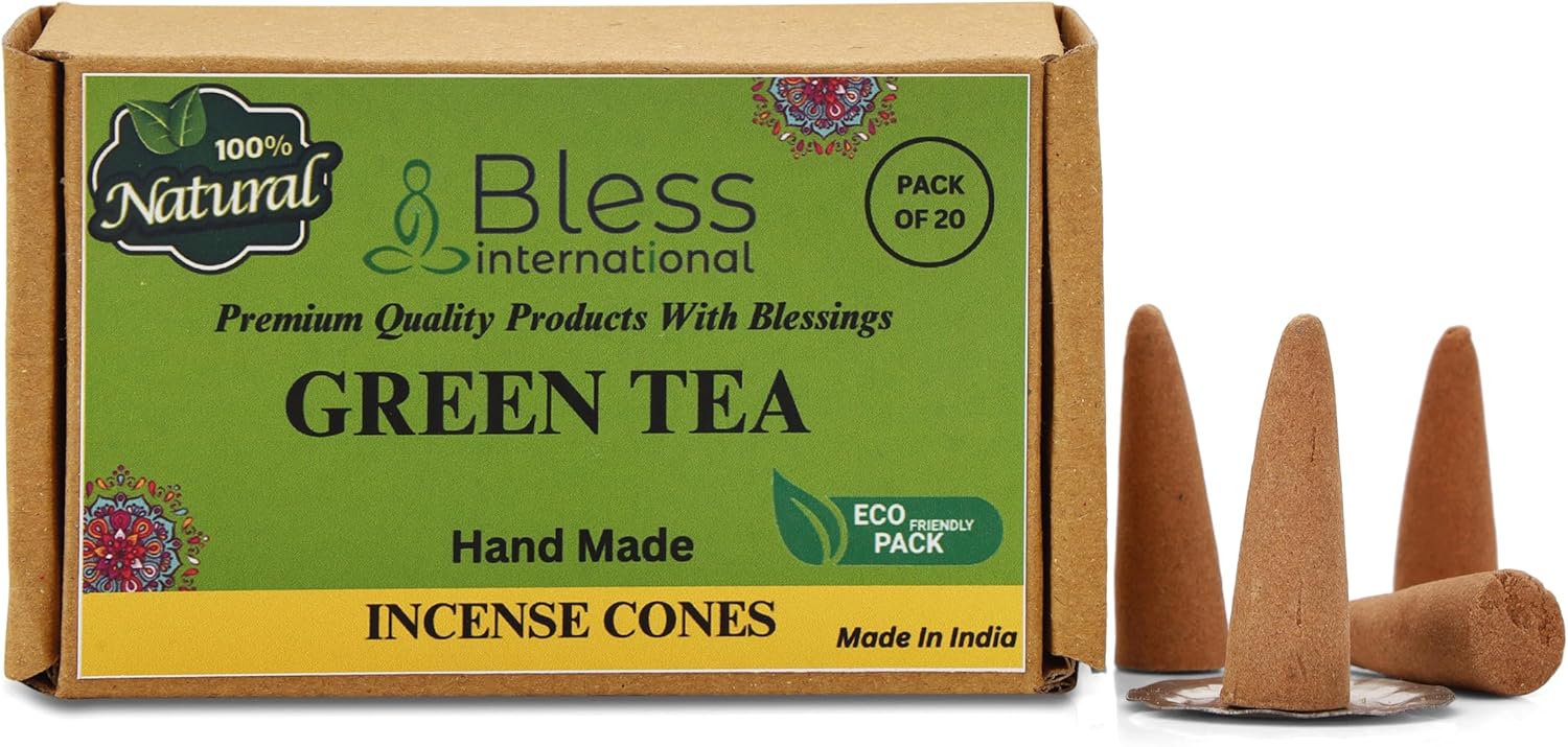 Bless International Té verde 100% natural, conos de incienso hechos a mano, sumergidos a mano, orgánicos, sin productos químicos para purificación,