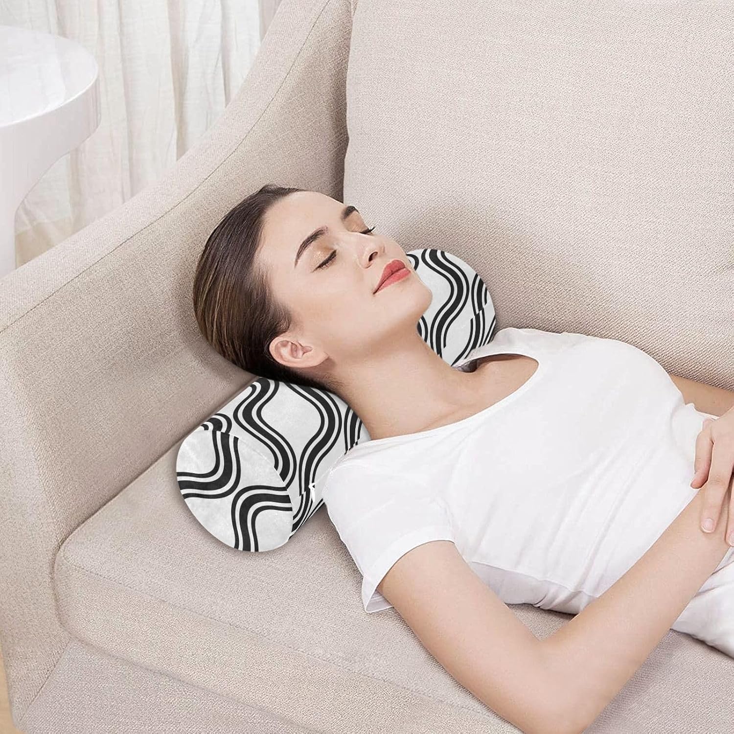 KLL Geometry Grid Bed Bolster Pillow Neck Roll Pillow Cover Long Round Pillow Cervical Cylinder Car Neck Support Pillow