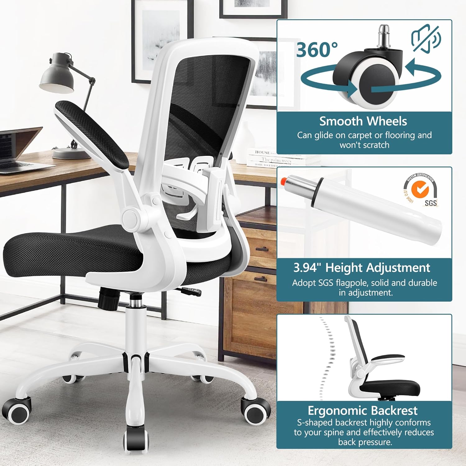 MINLOVE Silla de oficina ergonómica con soporte lumbar ajustable y altura, reposabrazos abatibles de 90, sillas de escritorio Ergo con ruedas, silla