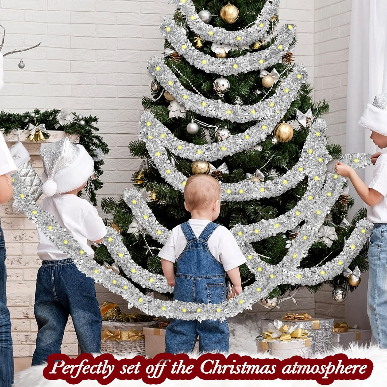Glitinsel Guirnalda metálica de oropel preiluminada de Navidad con tira de luces LED, guirnalda de Navidad para colgar en el árbol de Navidad, boda,