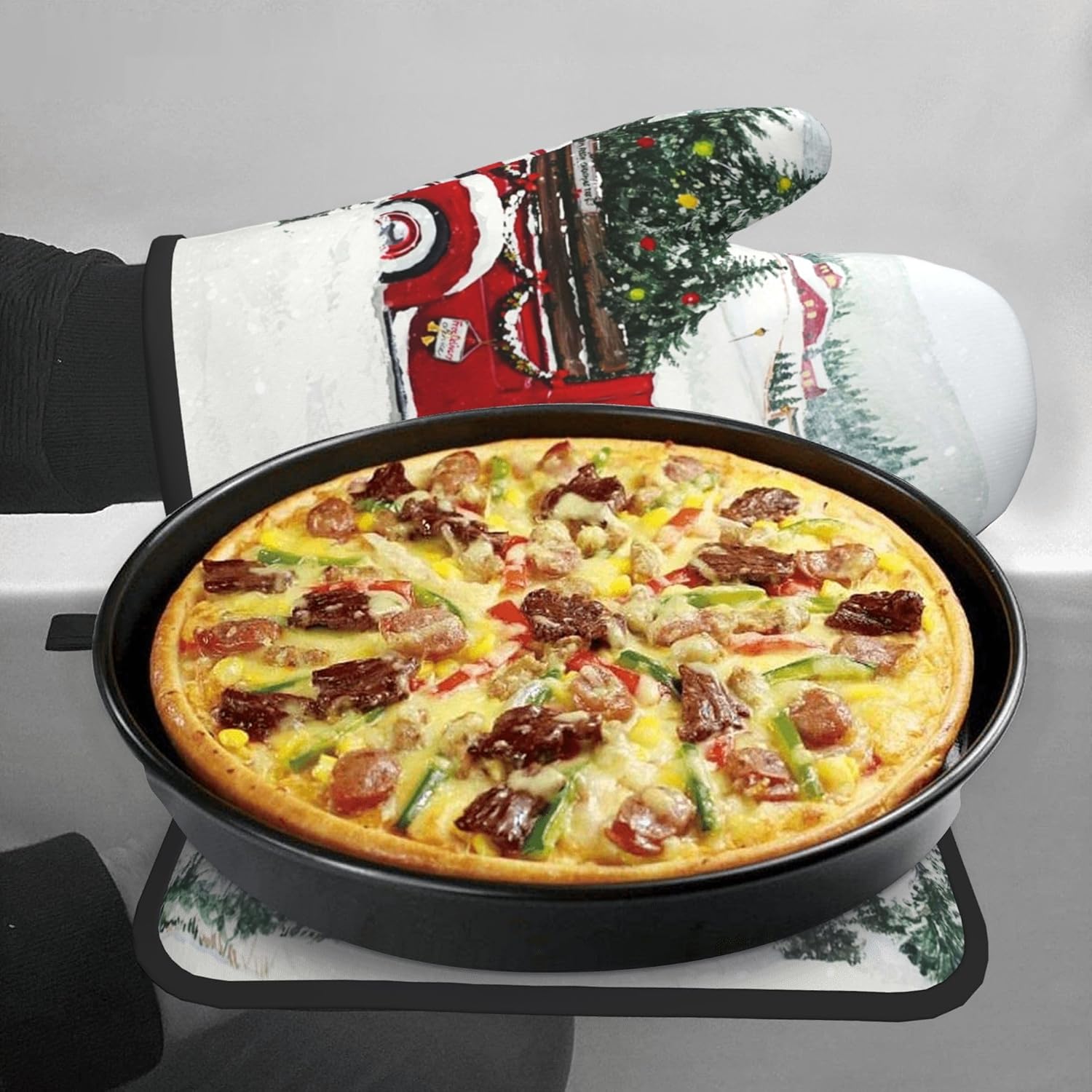 Juego de manoplas de horno de camión rojo de Navidad, antideslizantes, resistentes al calor, guantes de cocina lavables para horno de cocina, para