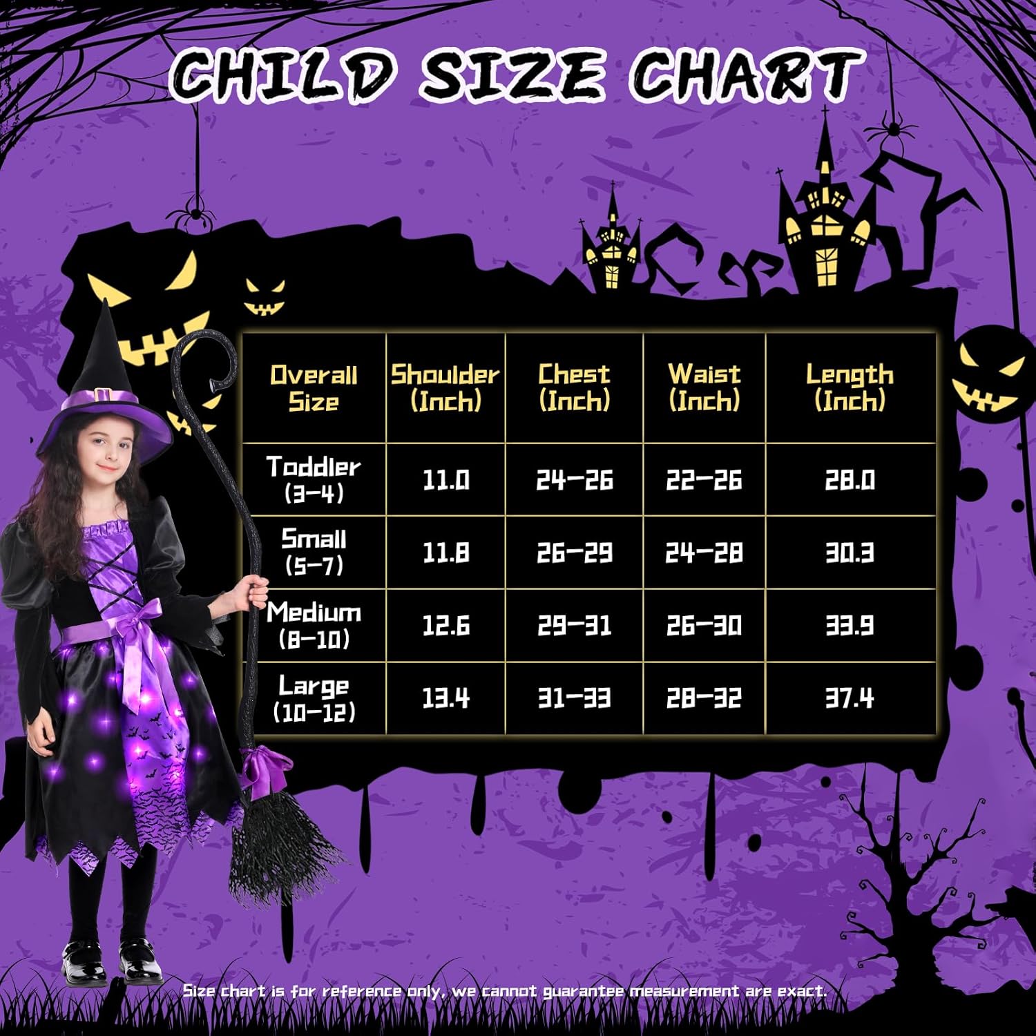 Disfraz de bruja de Halloween iluminado para niñas, conjunto de vestido de bruja con sombrero y escoba para fiestas de juegos de rol para niños