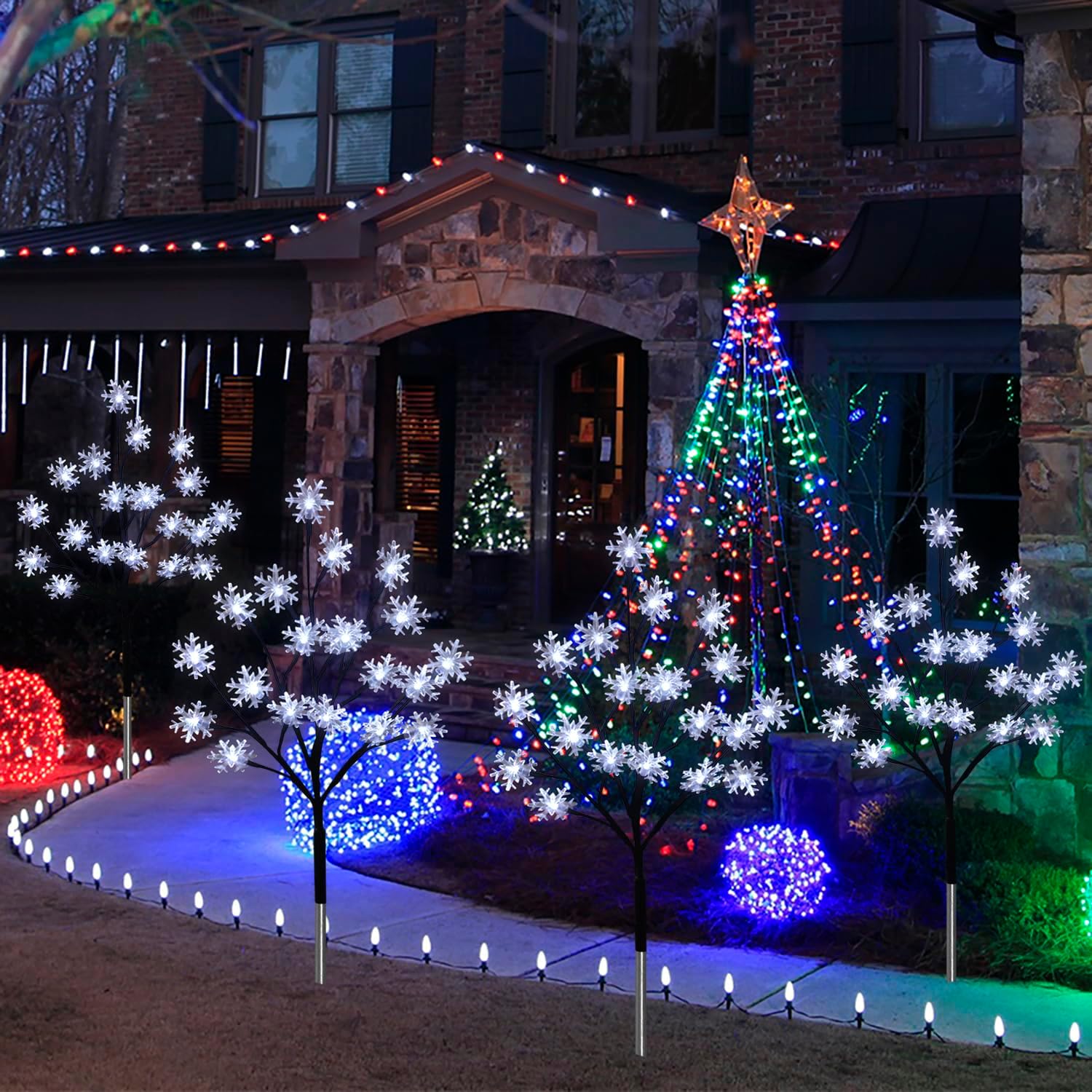 Paquete de 4 luces solares de 80 luces LED de copo de nieve de Navidad, 8 modos de luces solares de copo de nieve al aire libre, luces solares