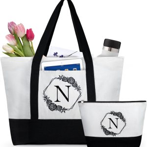 Bolsas de mano con iniciales para mujer, bolsa de playa con bolsillo y cremallera, regalos de 20 cumpleaños para niñas y amigas, bolsas de compras Bolsas de mano con iniciales para mujer, bolsa de playa con bolsillo y cremallera, regalos de 20 cumpleaños para niñas y amigas, bolsas de compras