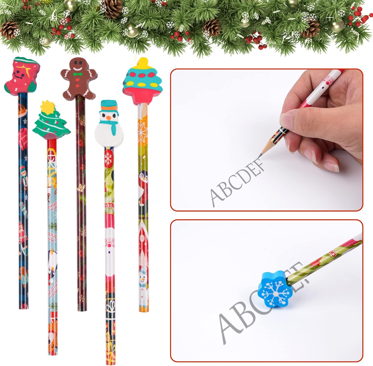 100 lápices de Navidad, lápices de madera de copo de nieve con muñeco de nieve gigante, borrador de árbol de Navidad, surtido de lápices de